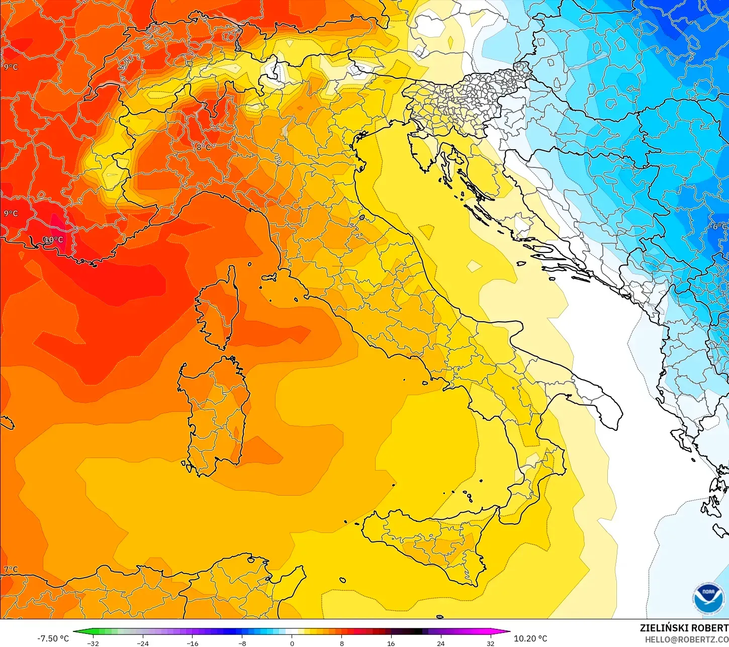 GFS model - Itali, Anomali Suhu 850 hPa