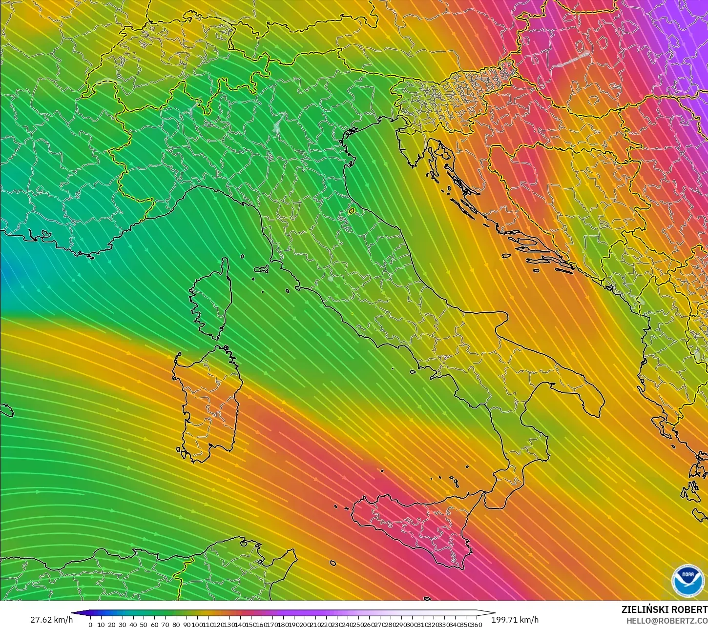 GFS model - Itali, Angin 300 hPa (aliran jet)