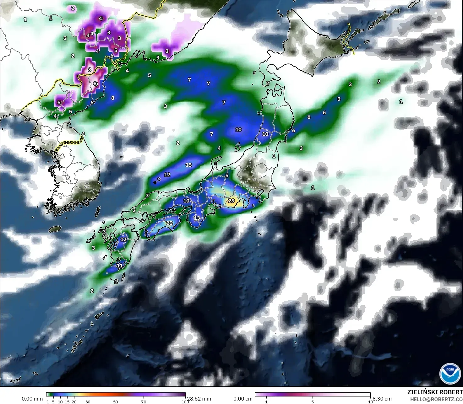 GFS modelo - Japan, Precipitation, Clouds, and Pressure