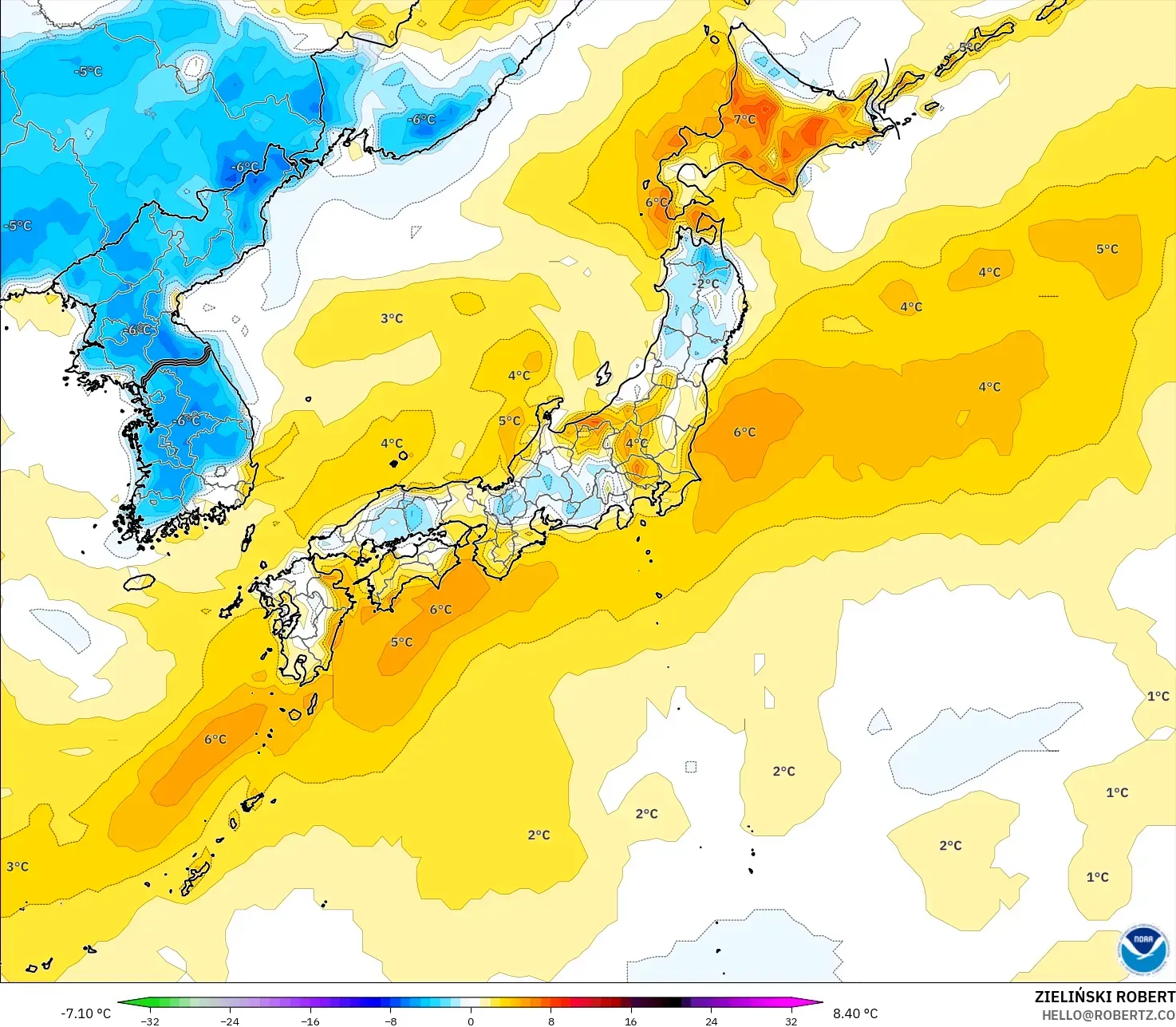 GFS model - Jepun, Anomali Suhu 2 m