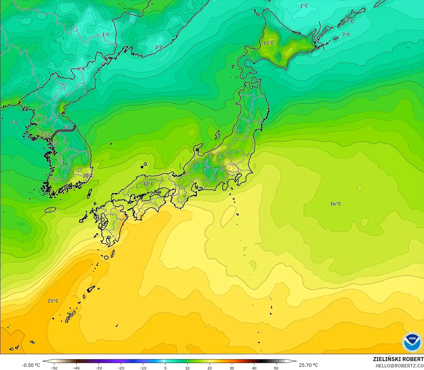 GFS model - Jepun, Suhu pada 2 m