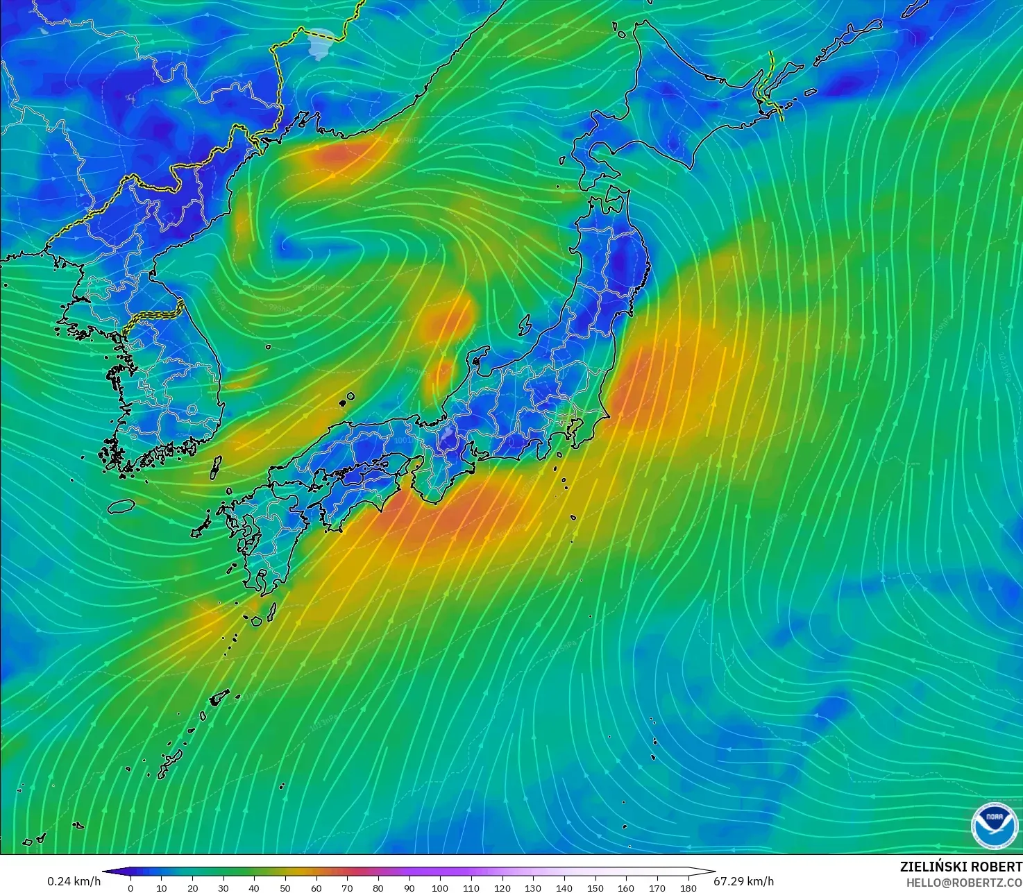GFS modelo - Japan, Wind at 10m