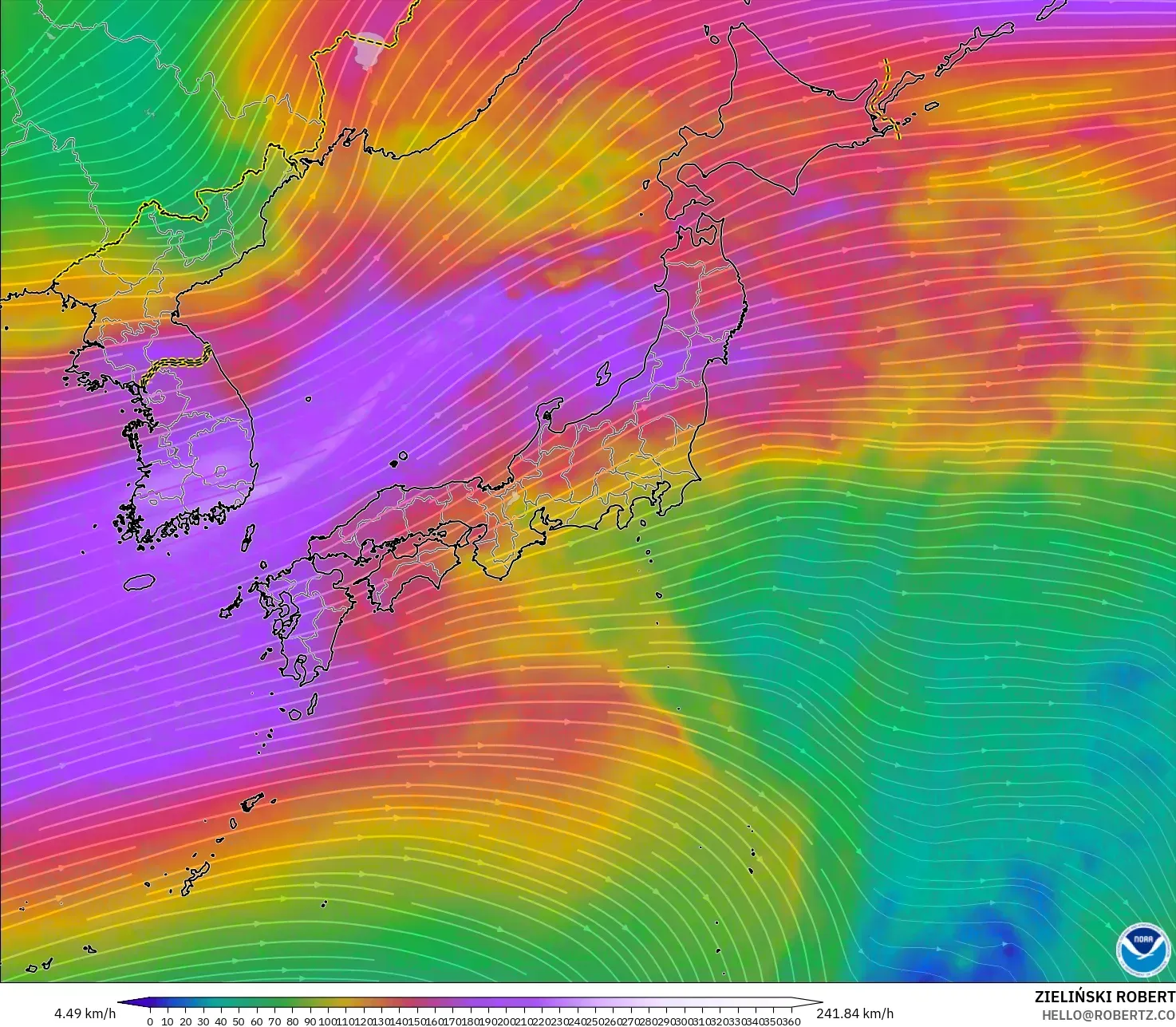 GFS model - Jepun, Angin 300 hPa (aliran jet)