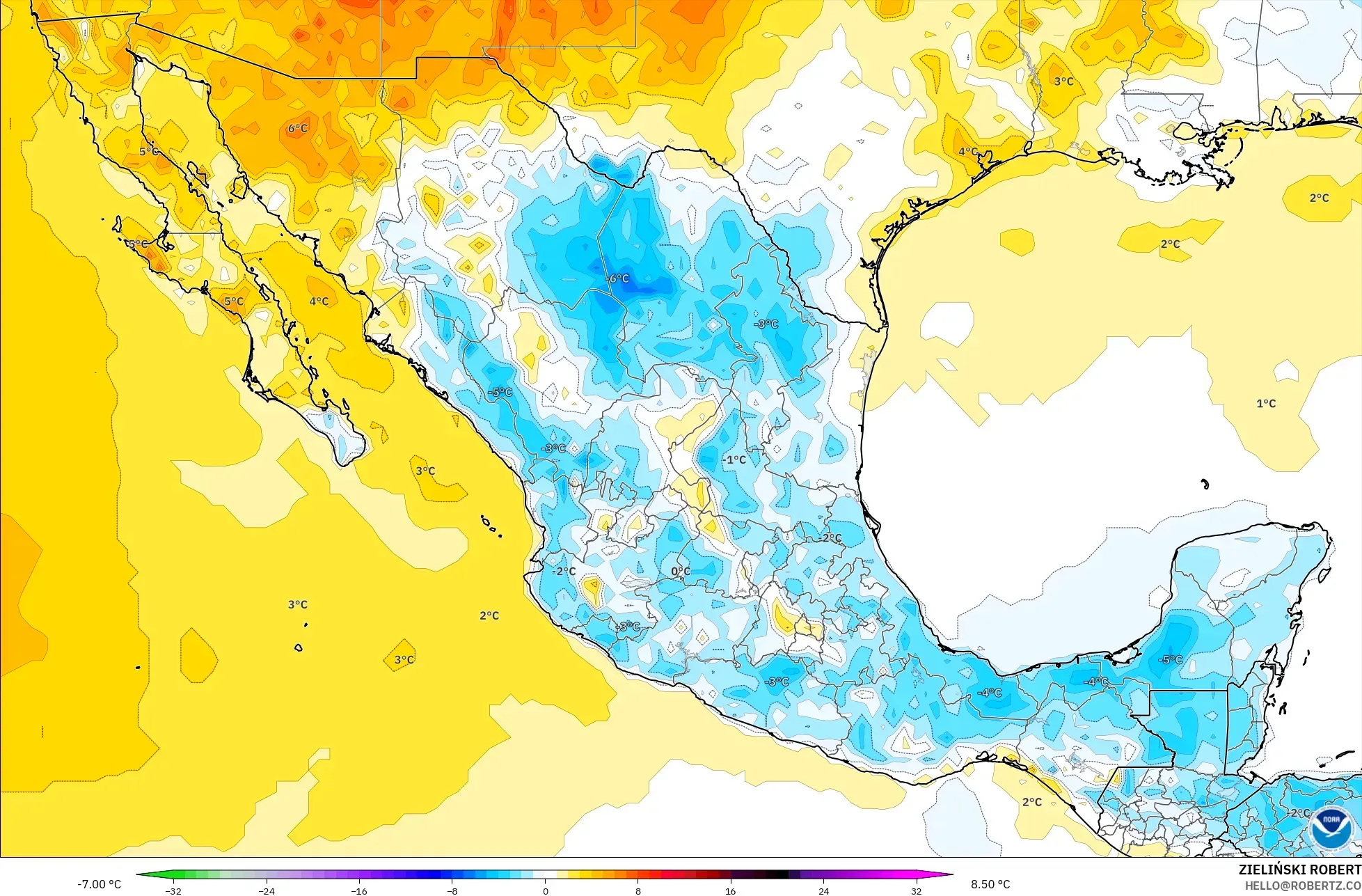 GFS model - Mexico, Anomali Suhu 2 m