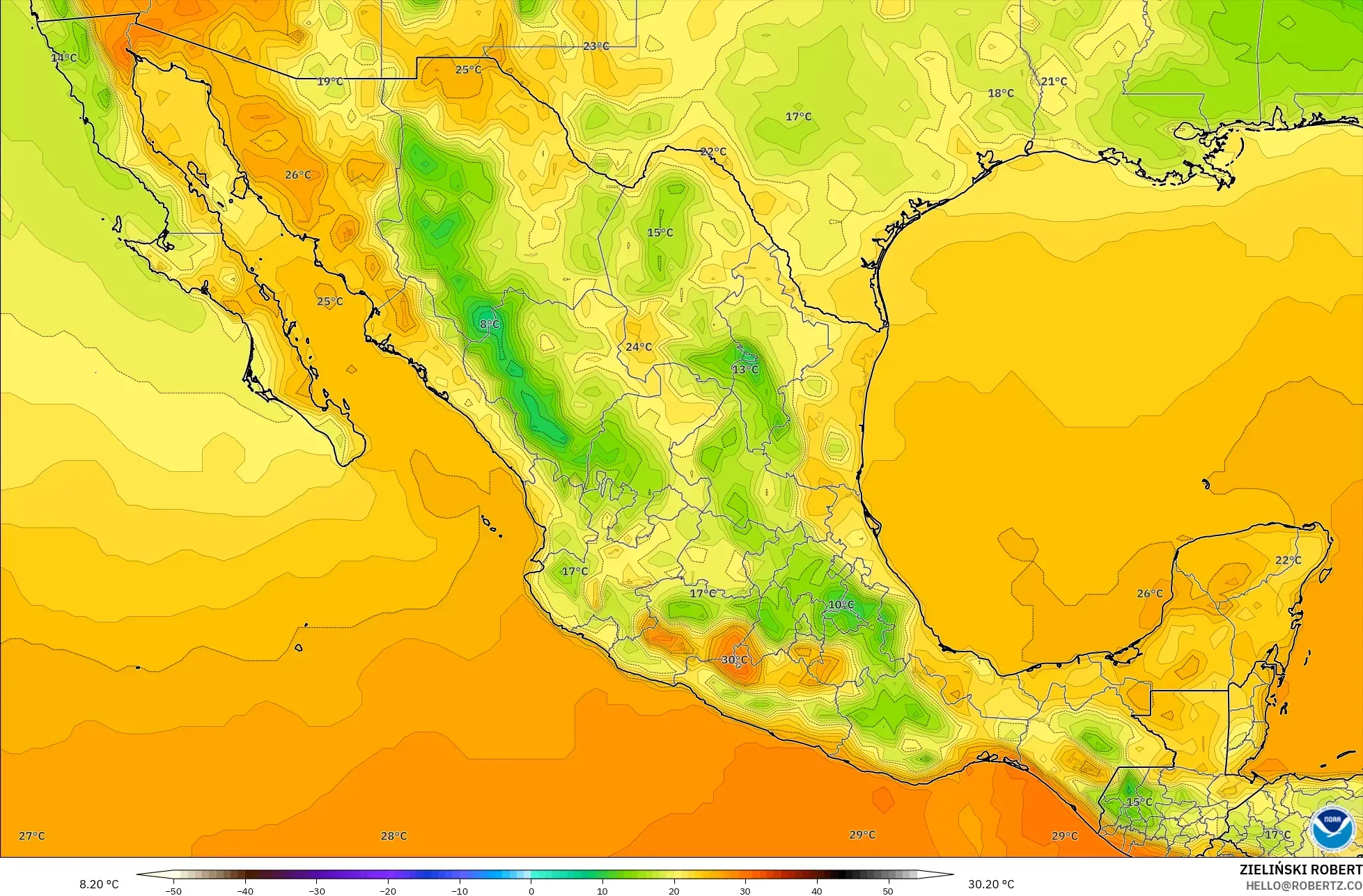 GFS model - Mexico, Suhu pada 2 m