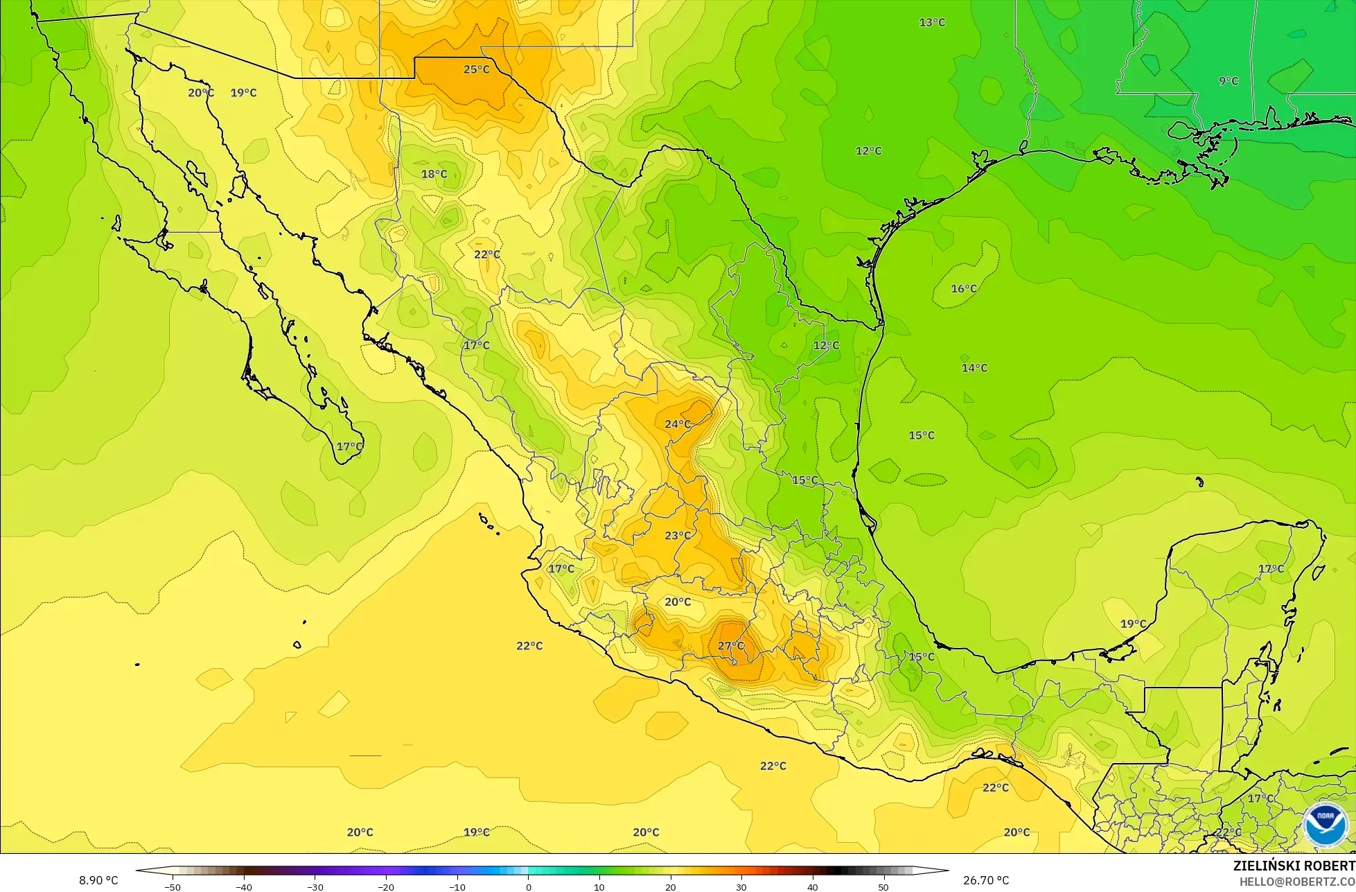 GFS model - Mexico, Suhu 850 hPa