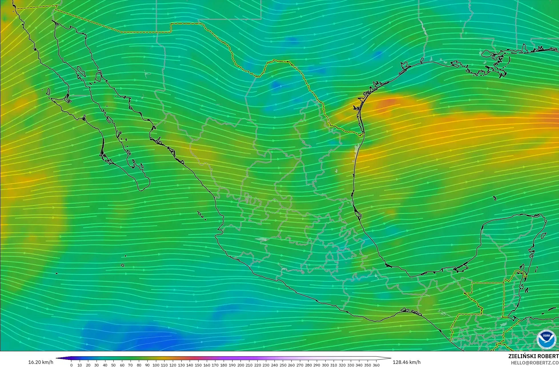 GFS model - Mexico, Angin 300 hPa (aliran jet)