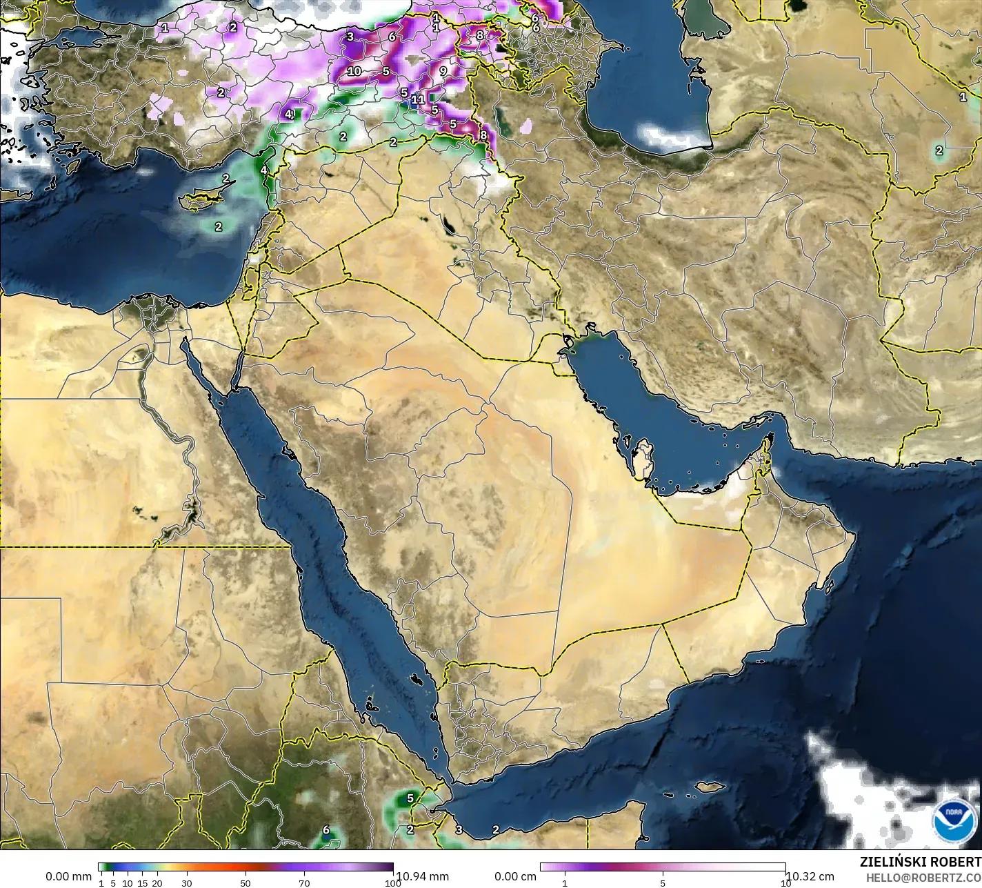 GFS model - Timur Tengah, Hujan, Awan dan Tekanan
