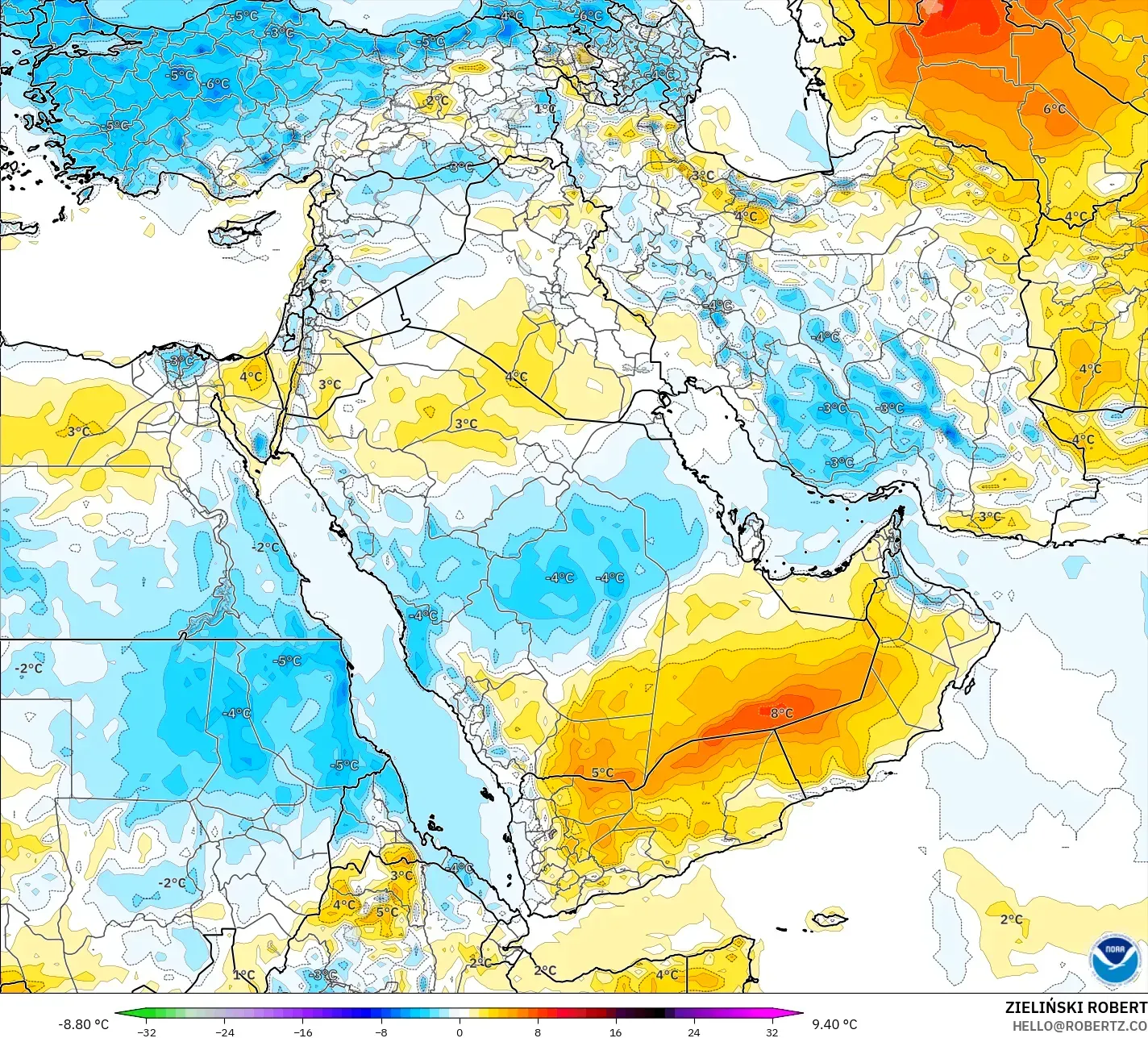 GFS model - Timur Tengah, Anomali Suhu 2 m