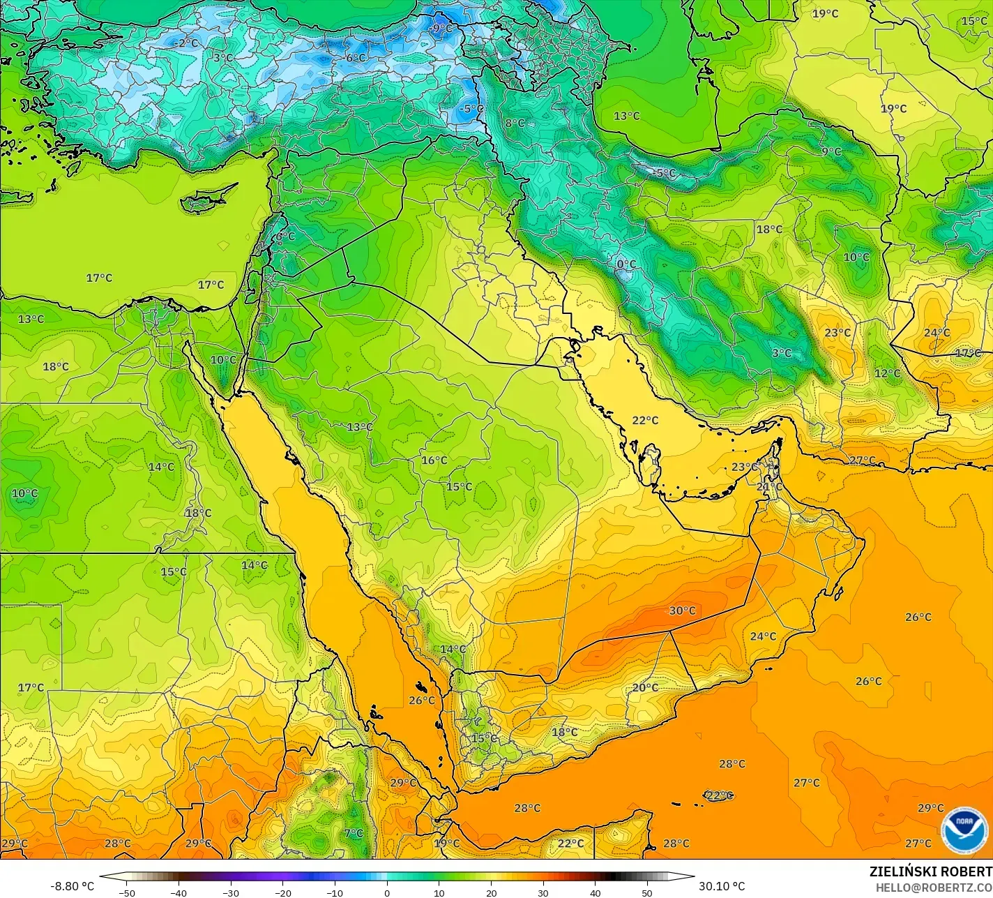 GFS model - Timur Tengah, Suhu pada 2 m