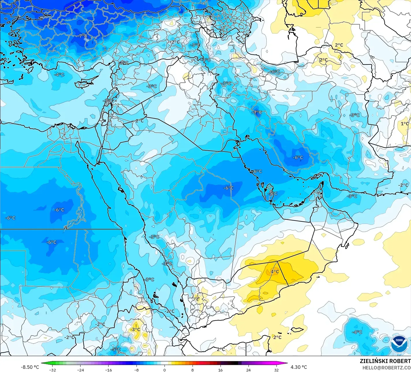 GFS model - Timur Tengah, Anomali Suhu 850 hPa