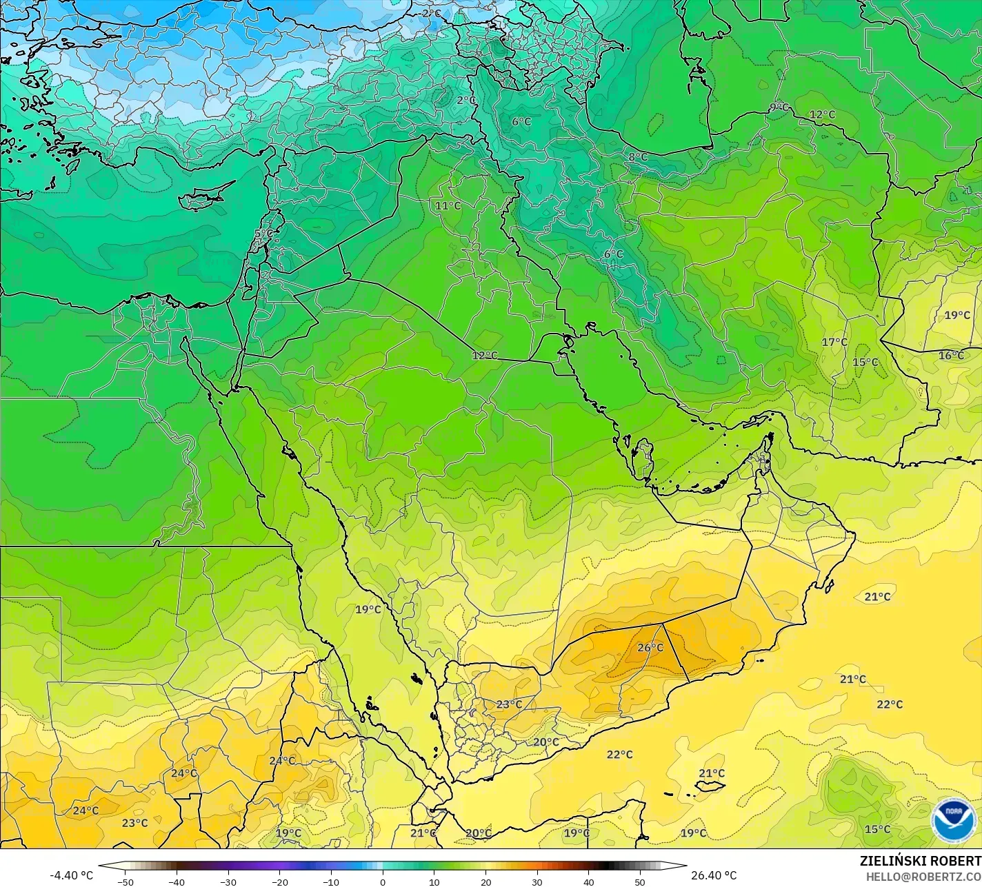 GFS modelo - Middle East, Temperature at 850hPa