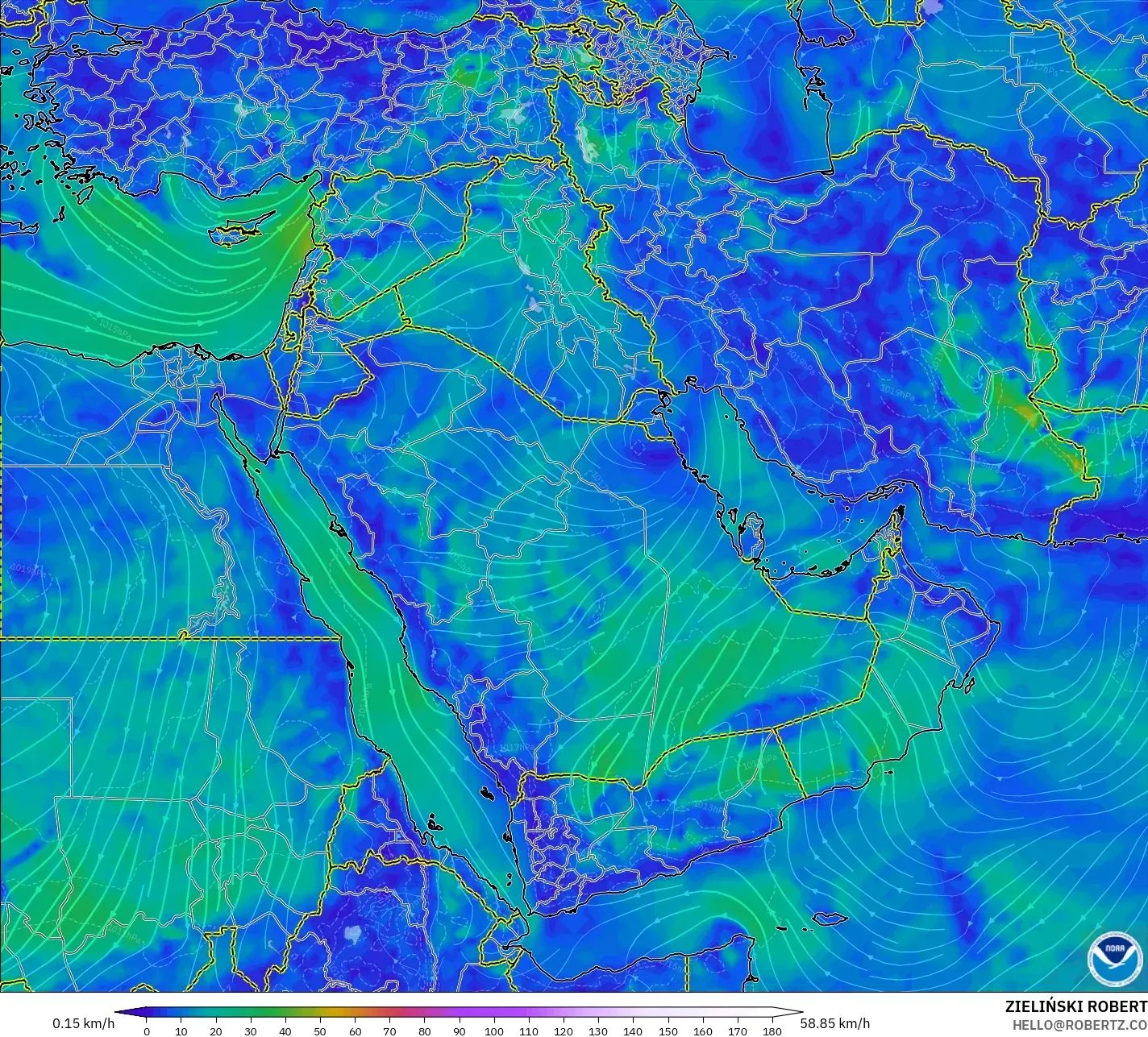 GFS model - Timur Tengah, Angin 10 m