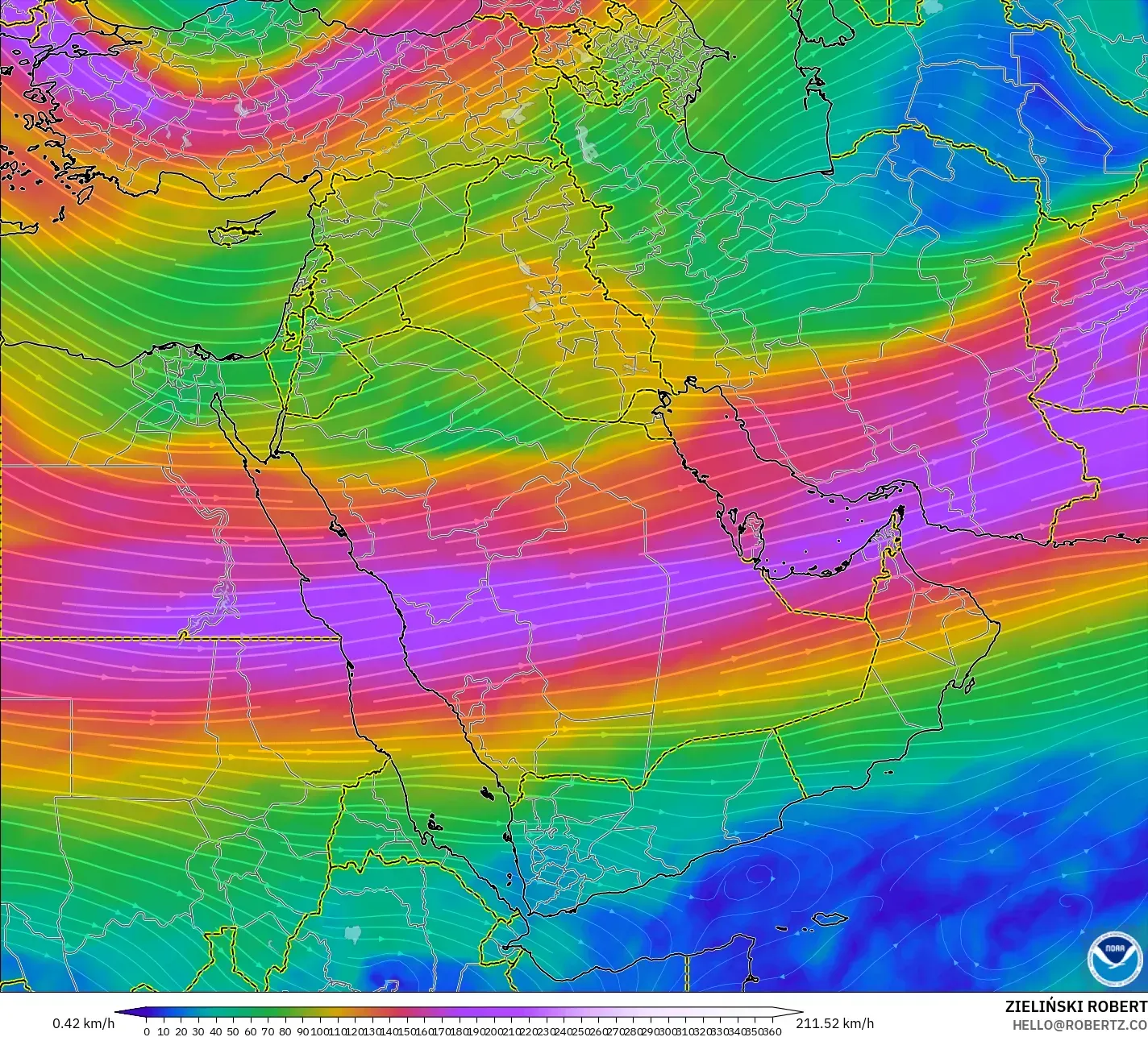 GFS model - Timur Tengah, Angin 300 hPa (aliran jet)