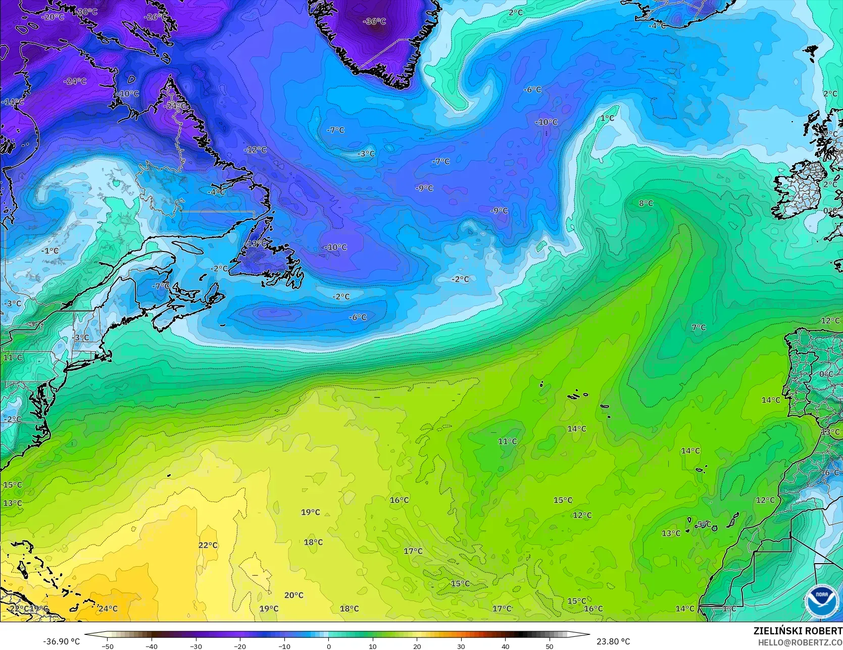 GFS model - Atlantik Utara, Takat Embun 2 m