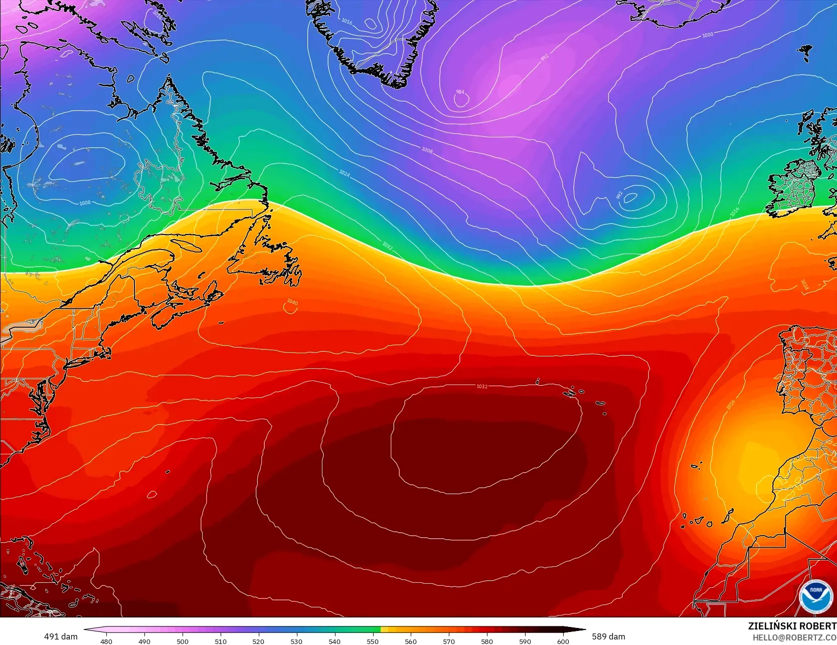 GFS model - Atlantik Utara, Ketinggian geopotensial pada 500 hPa