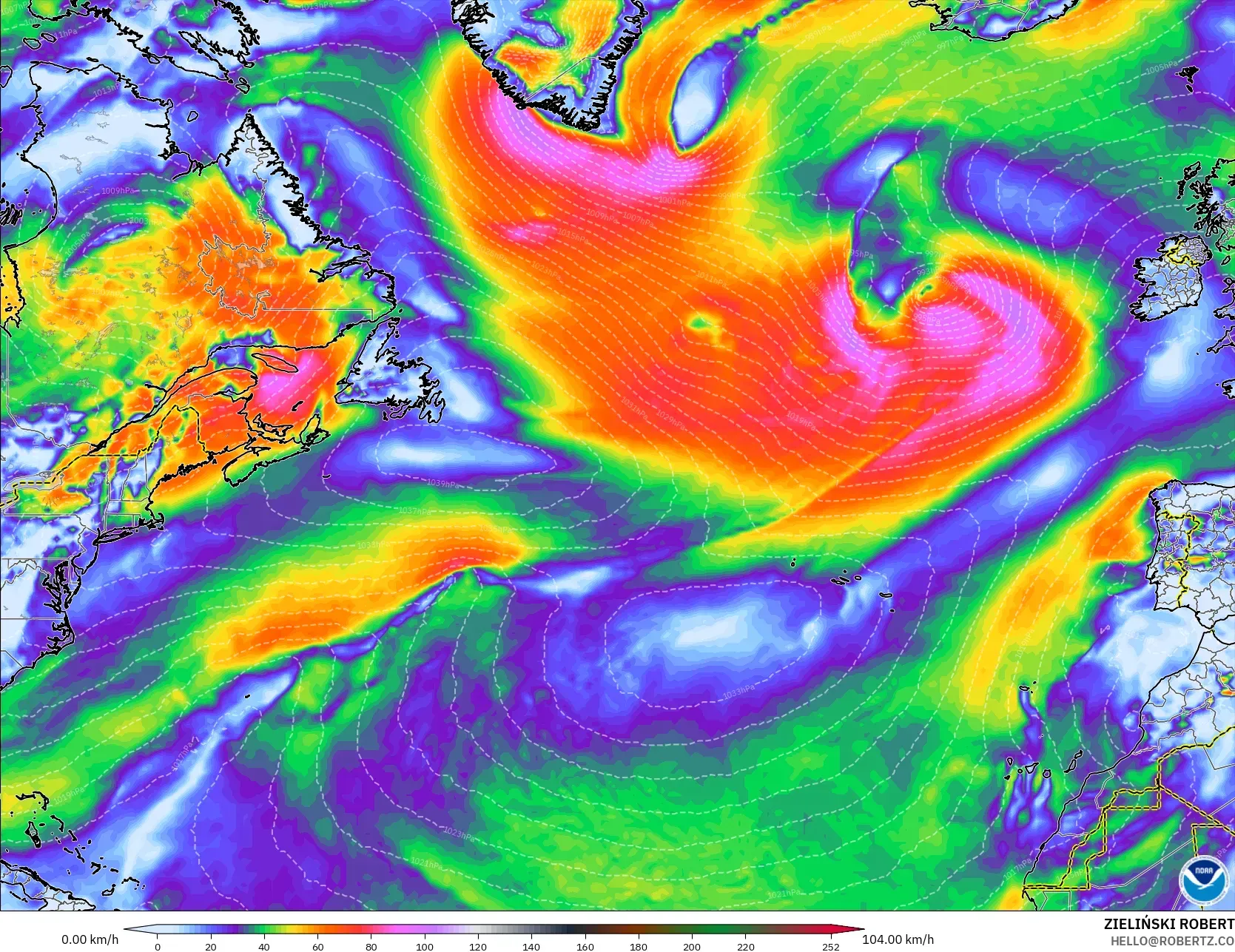 GFS model - Atlantik Utara, Hembusan Tertinggi