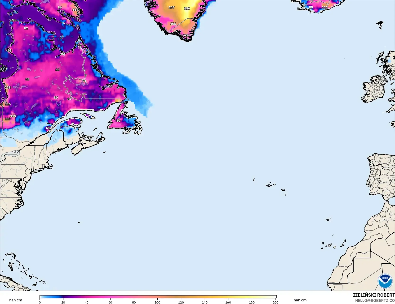 GFS model - Atlantik Utara, Ketebalan Salji