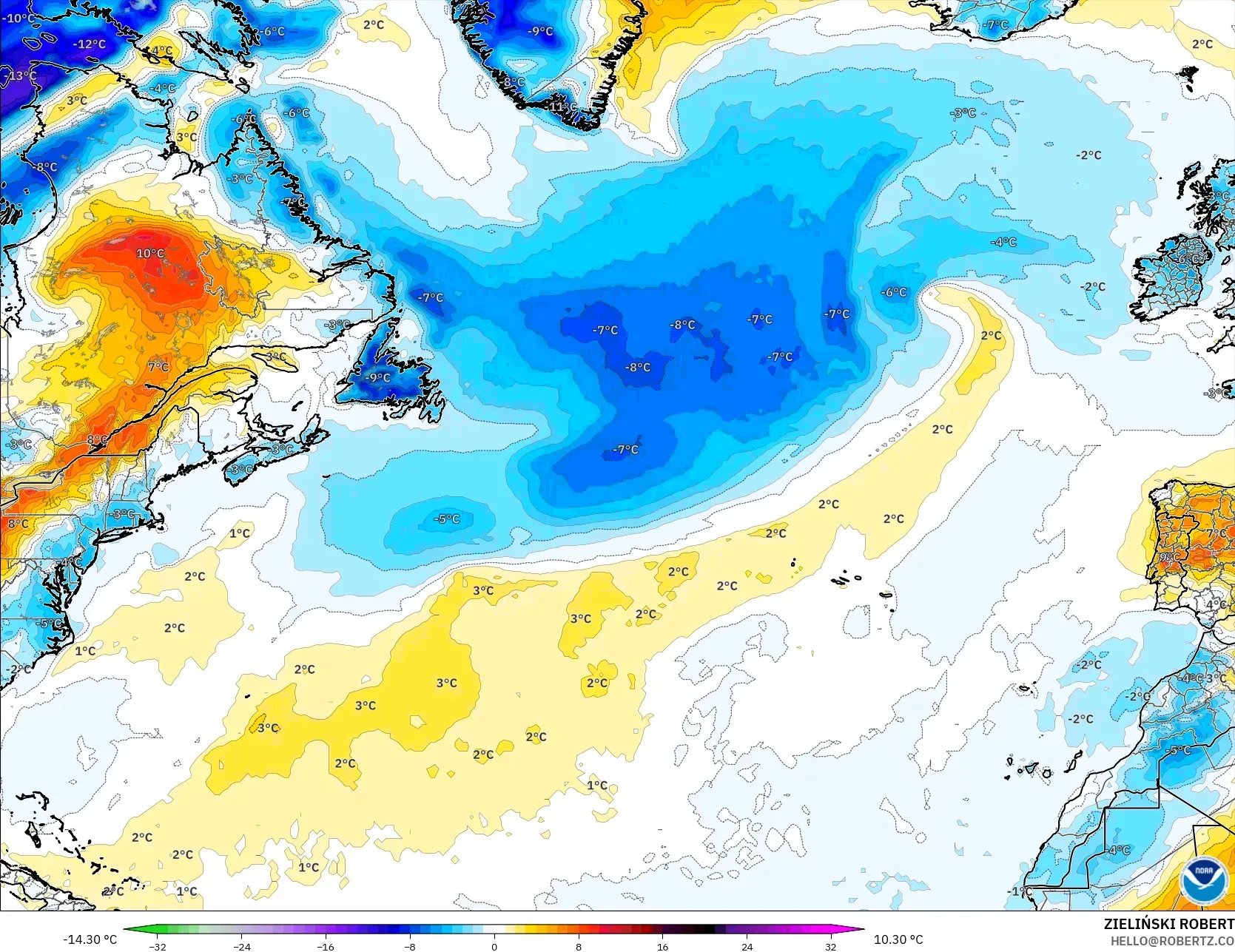 GFS model - Atlantik Utara, Anomali Suhu 2 m