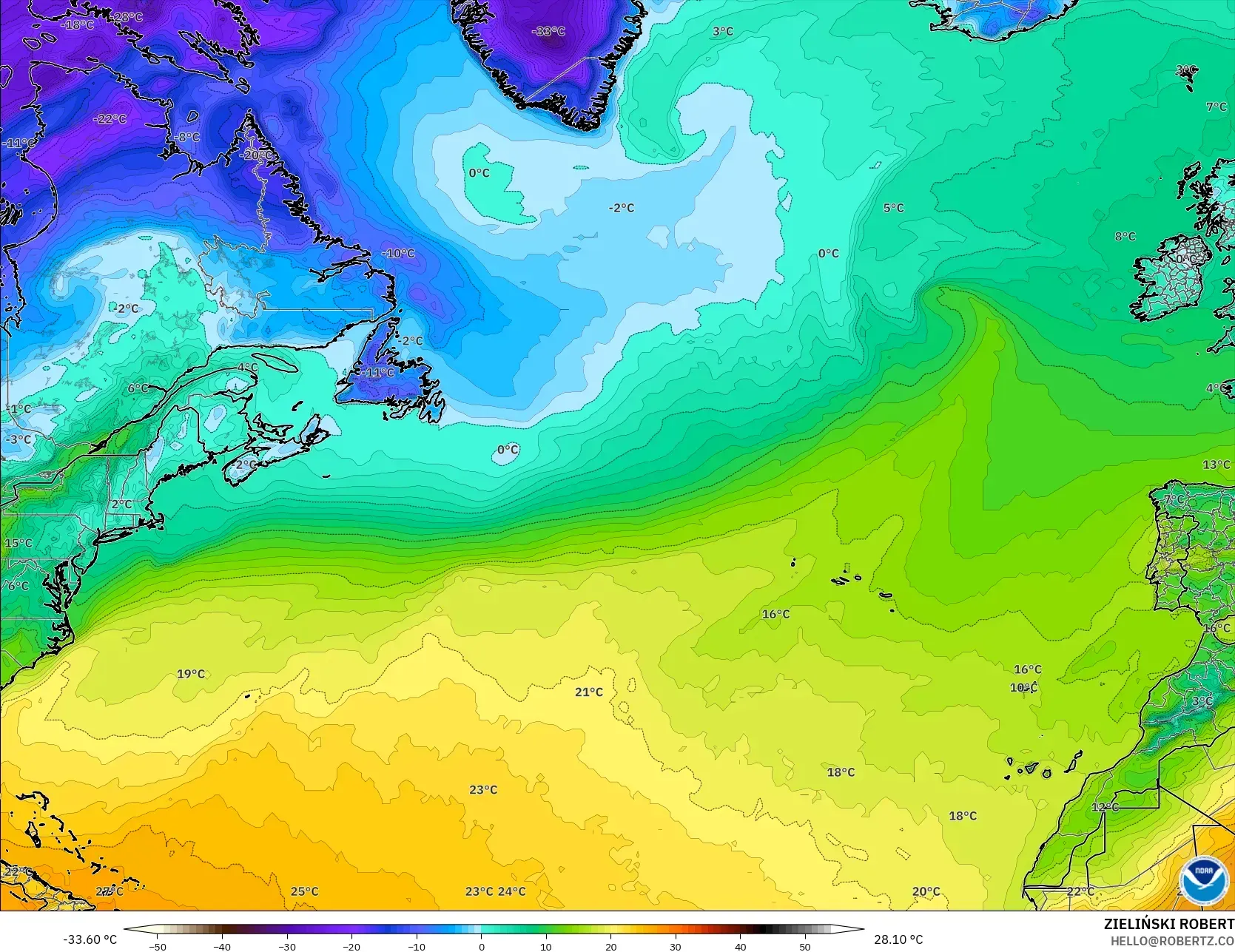 GFS model - Atlantik Utara, Suhu pada 2 m