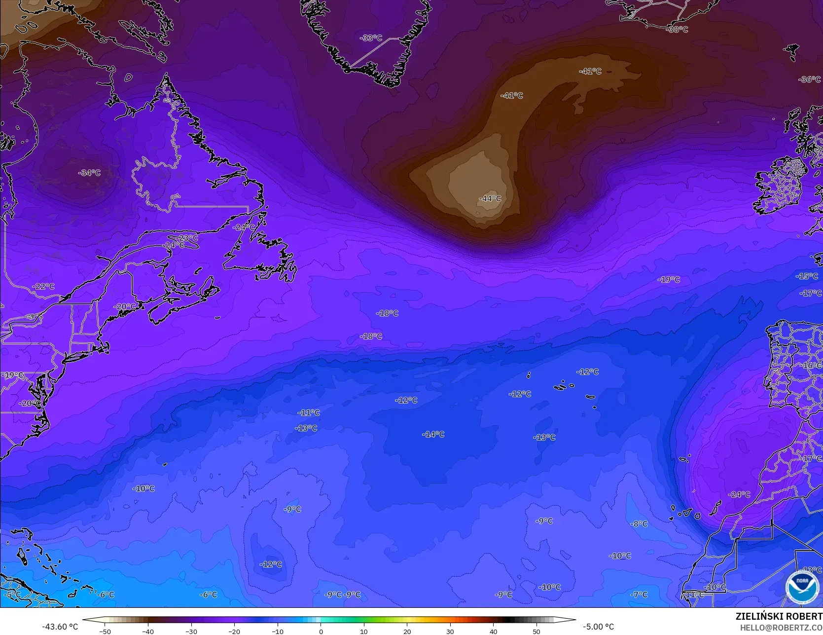 GFS model - Atlantik Utara, Suhu 500 hPa