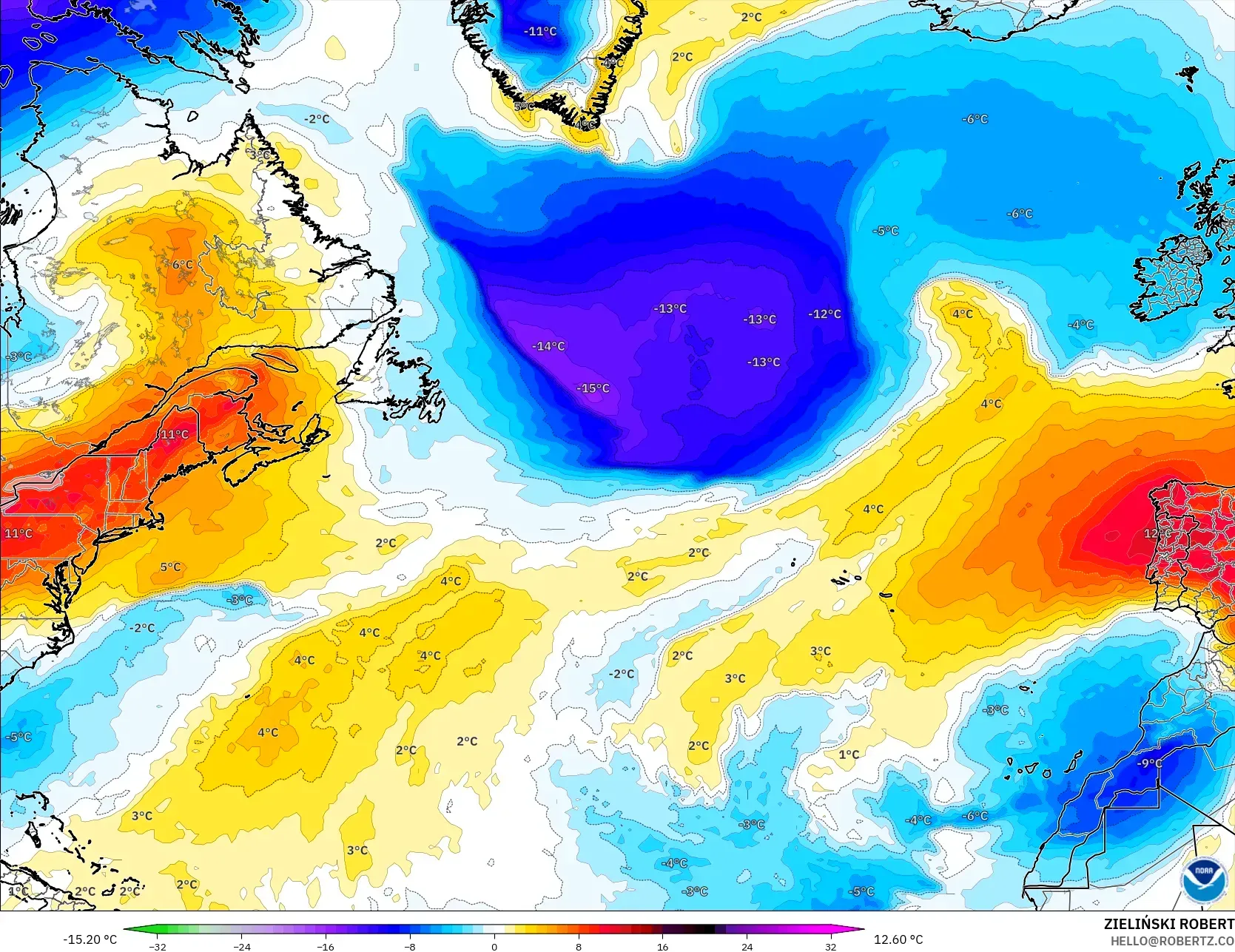 GFS model - Atlantik Utara, Anomali Suhu 850 hPa