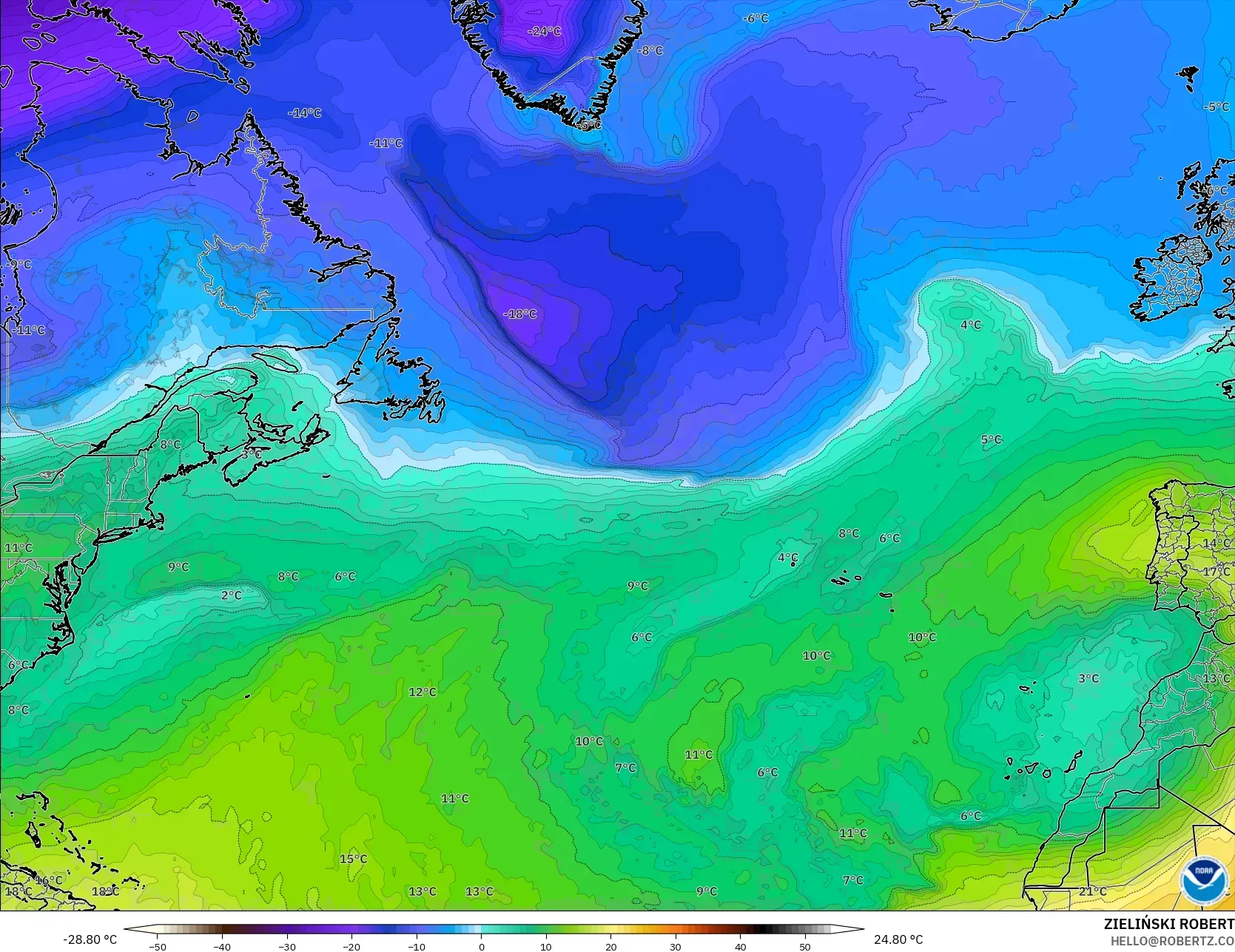 GFS model - Atlantik Utara, Suhu 850 hPa