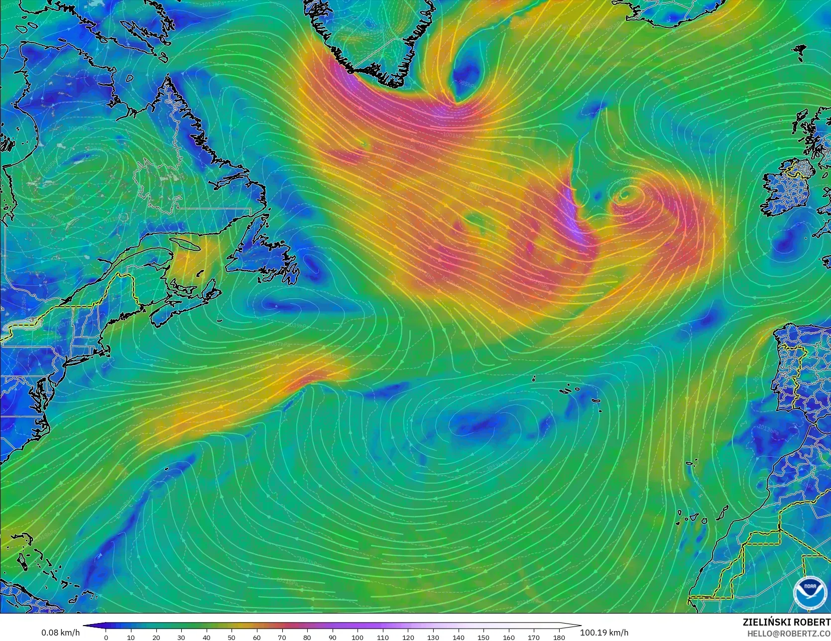 GFS model - Atlantik Utara, Angin 10 m