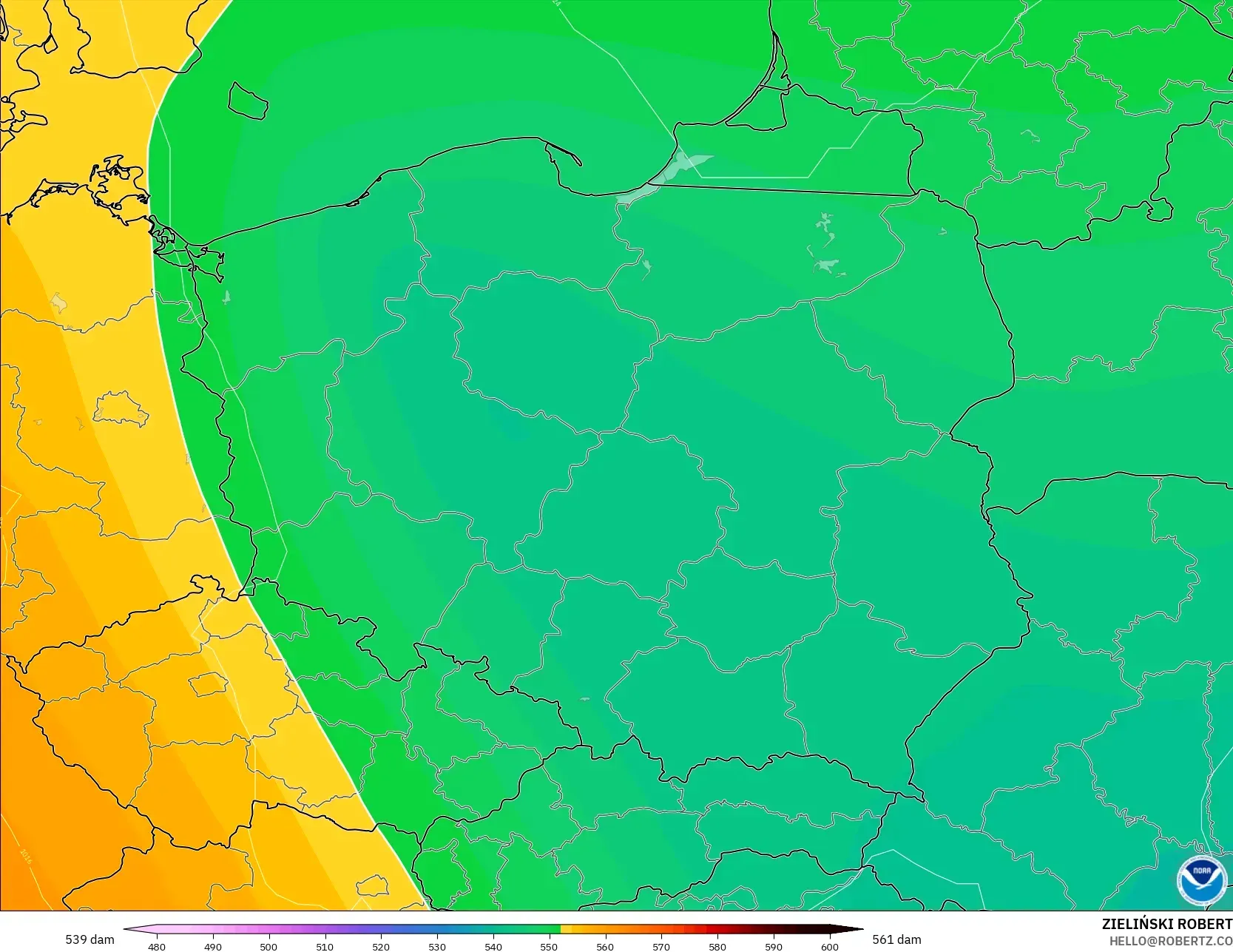 GFS modelo - Poland, Geopotential height at 500hPa