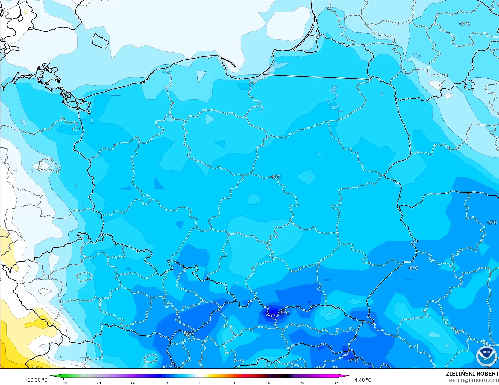 GFS modelo - Poland, Temperature at 2m Anomaly