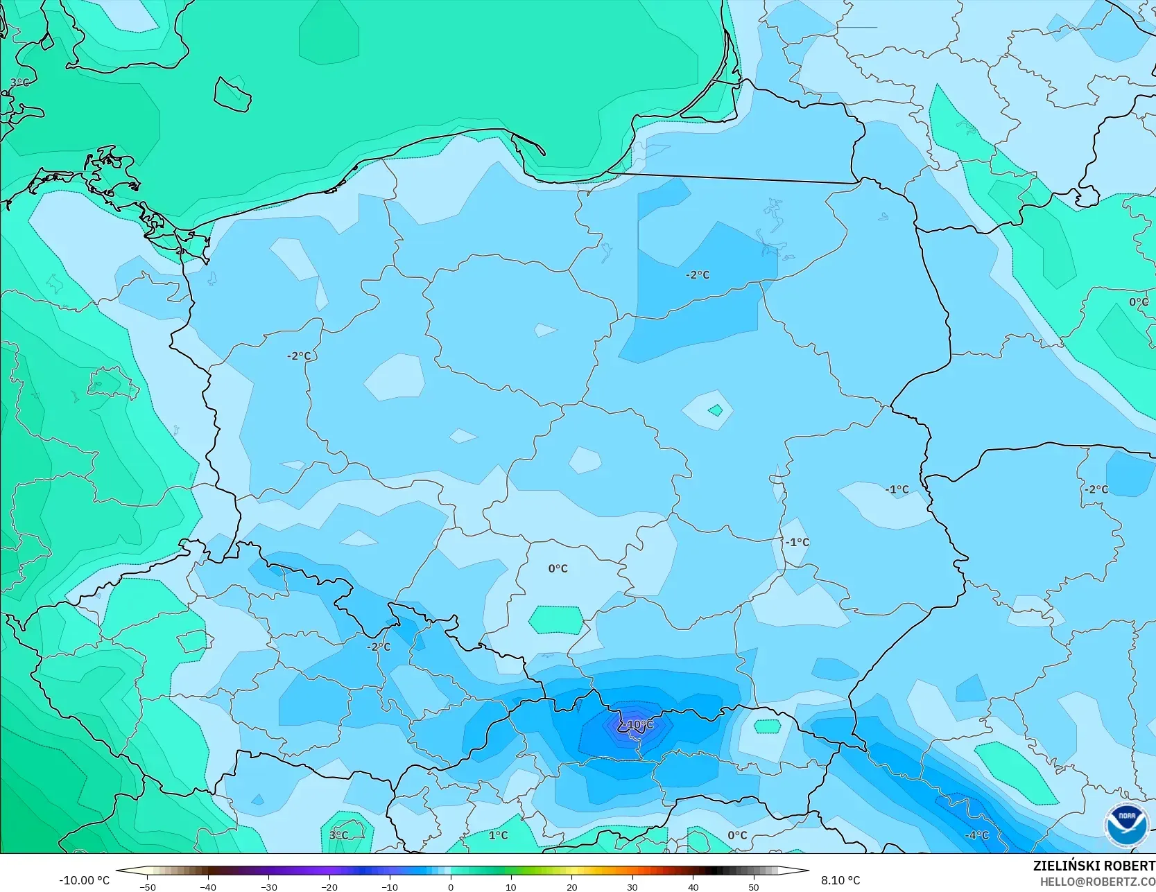 GFS modelo - Poland, Temperature at 2m