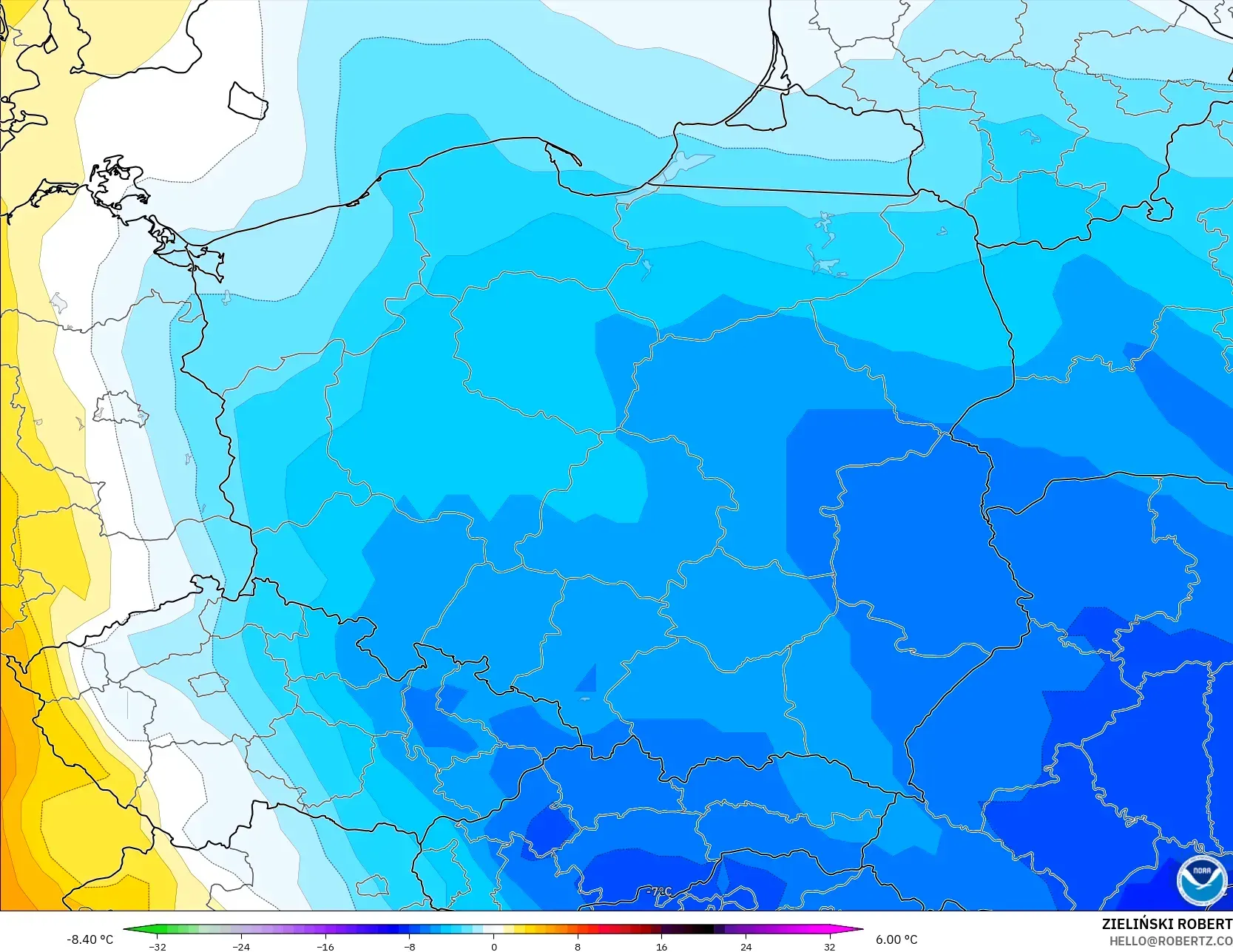 GFS modelo - Poland, Temperature at 850hPa Anomaly