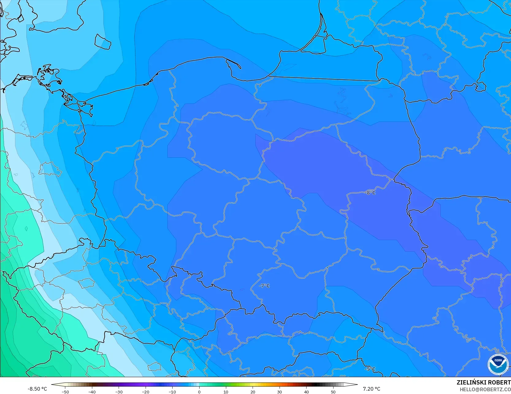 GFS modelo - Poland, Temperature at 850hPa