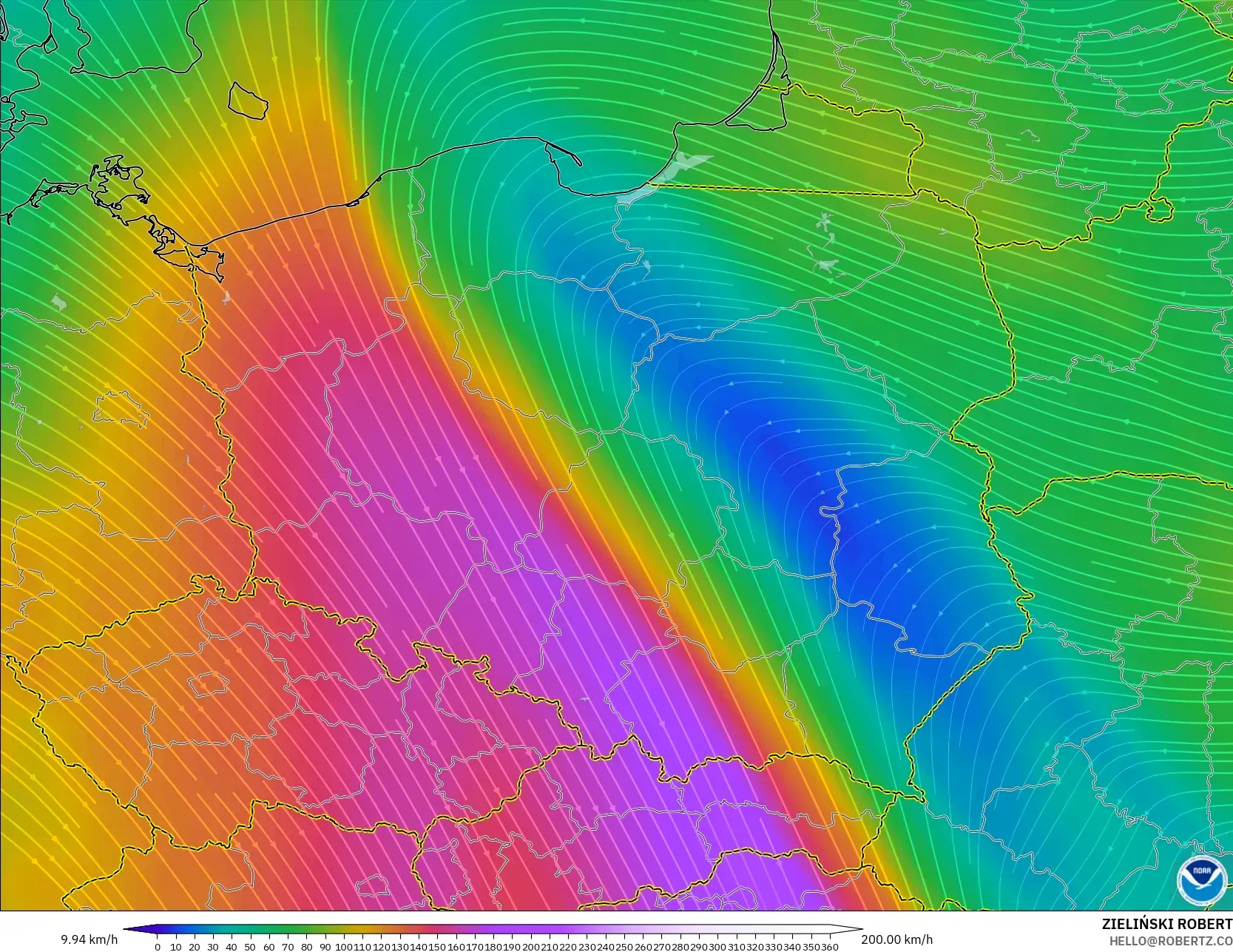 GFS modelo - Poland, Wind at 300hPa (jet stream)