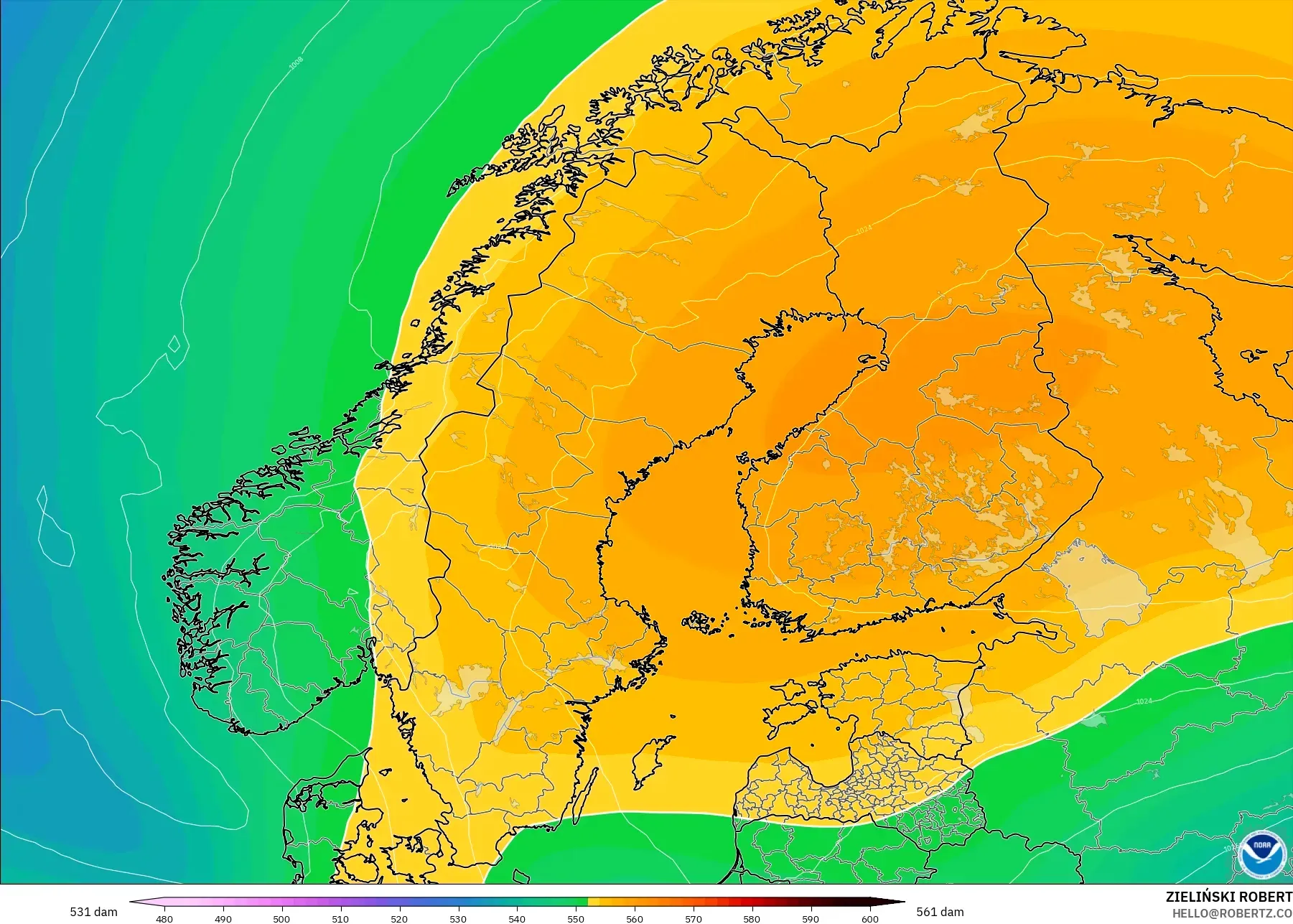 GFS model - Skandinavia, Ketinggian geopotensial pada 500 hPa