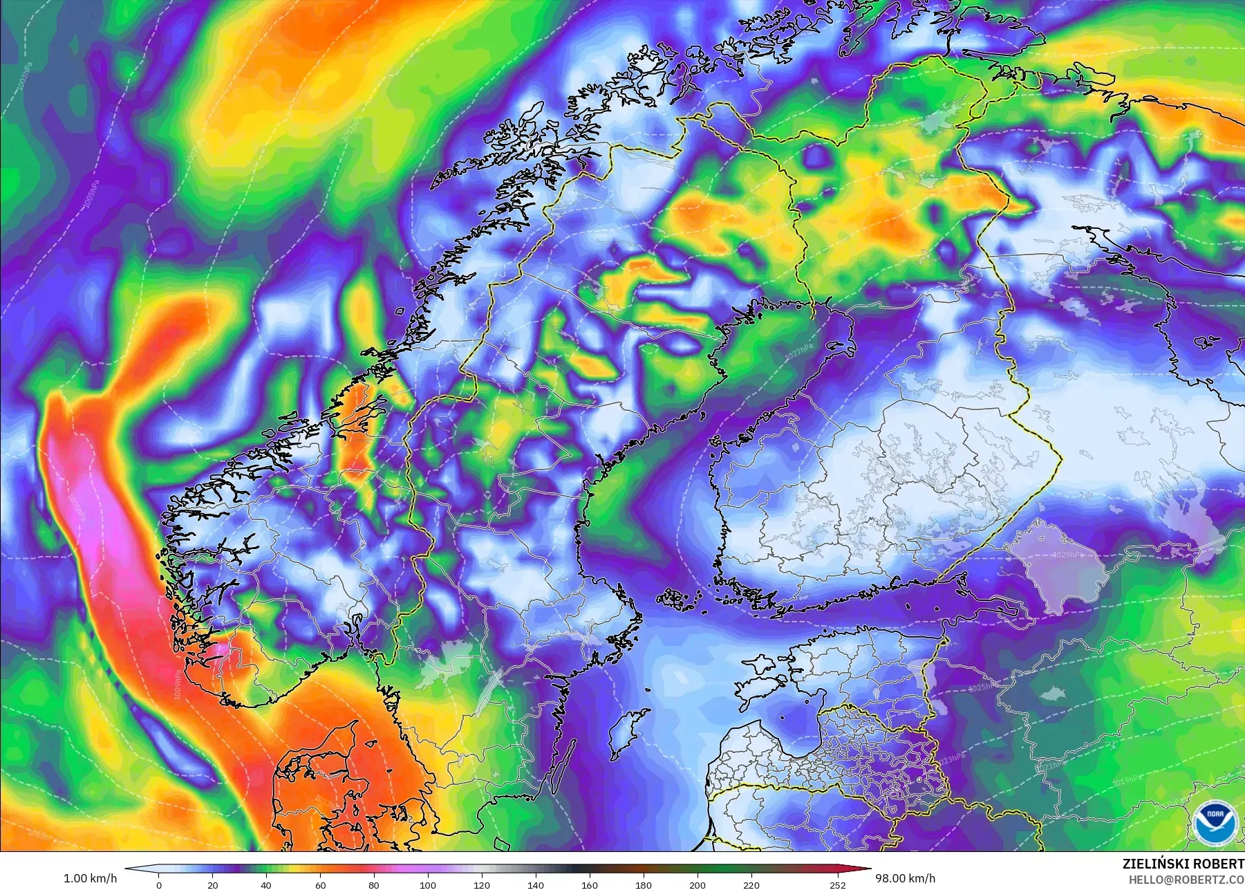 GFS model - Skandinavia, Hembusan Tertinggi