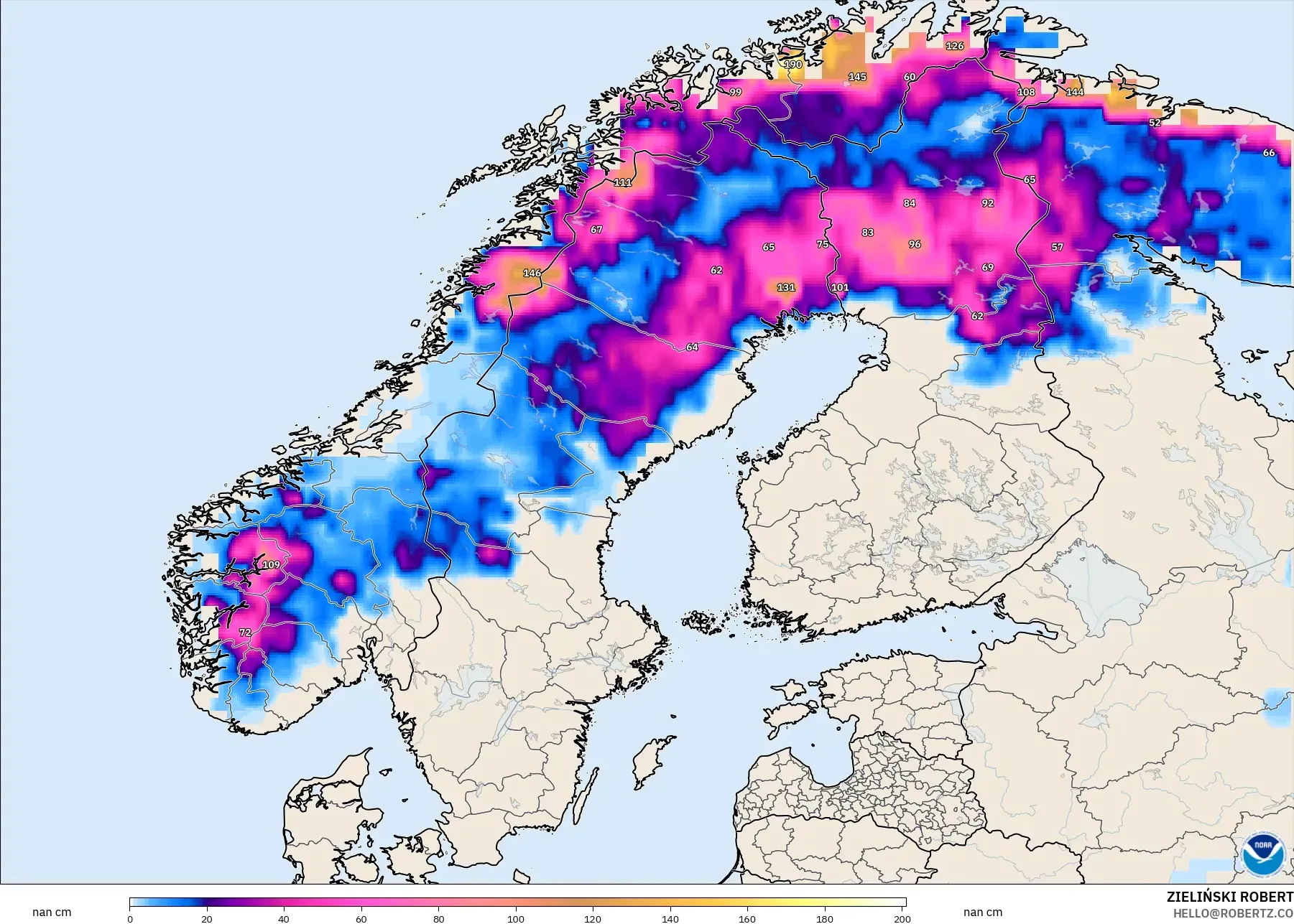 GFS model - Skandinavia, Ketebalan Salji