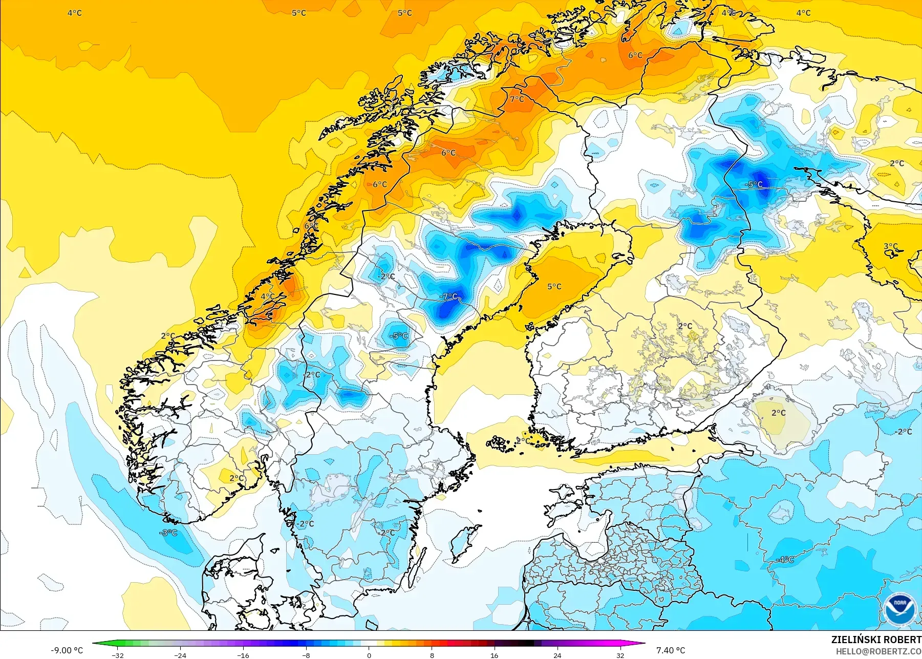 GFS model - Skandinavia, Anomali Suhu 2 m