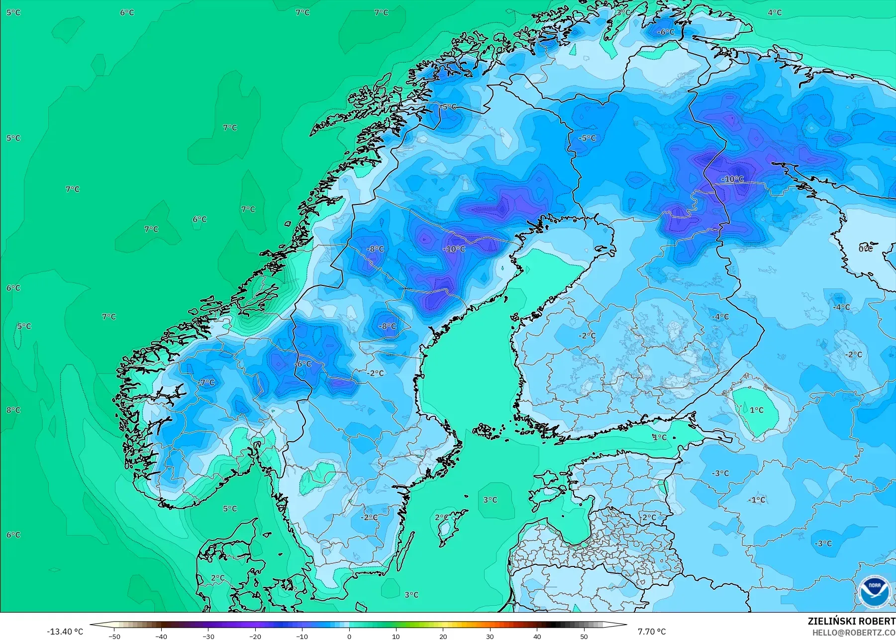 GFS model - Skandinavia, Suhu pada 2 m