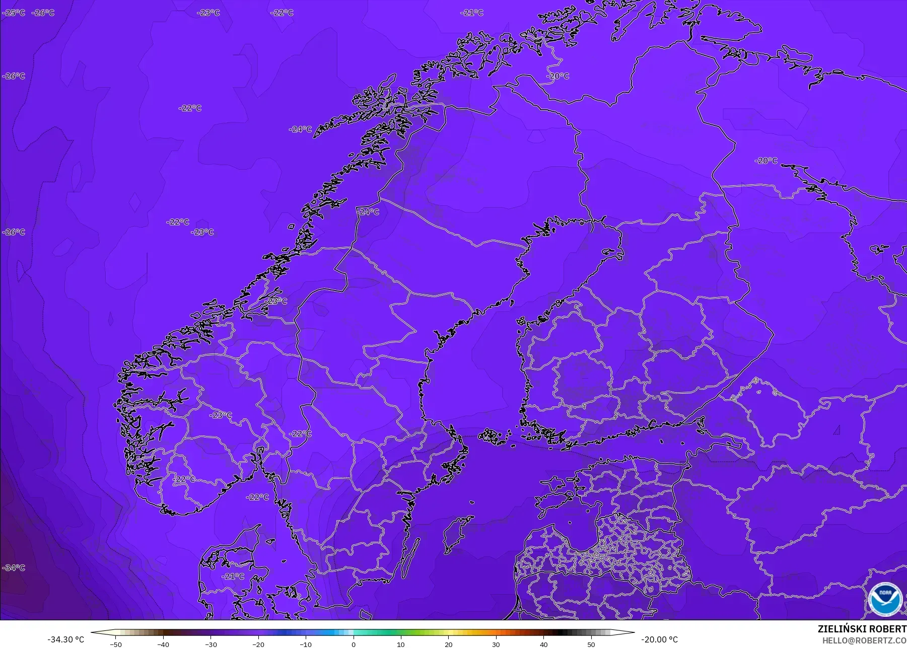 GFS modelo - Scandinavia, Temperature at 500hPa