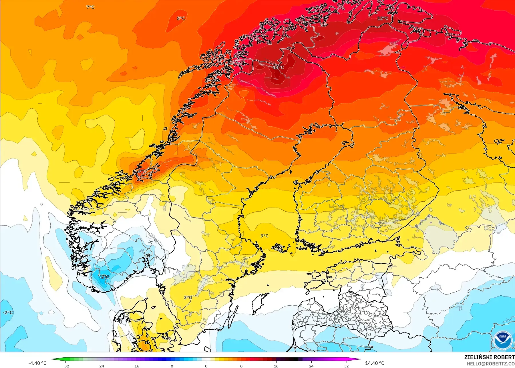 GFS model - Skandinavia, Anomali Suhu 850 hPa