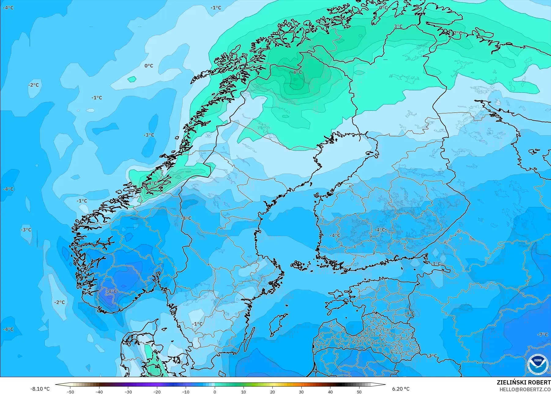 GFS modelo - Scandinavia, Temperature at 850hPa