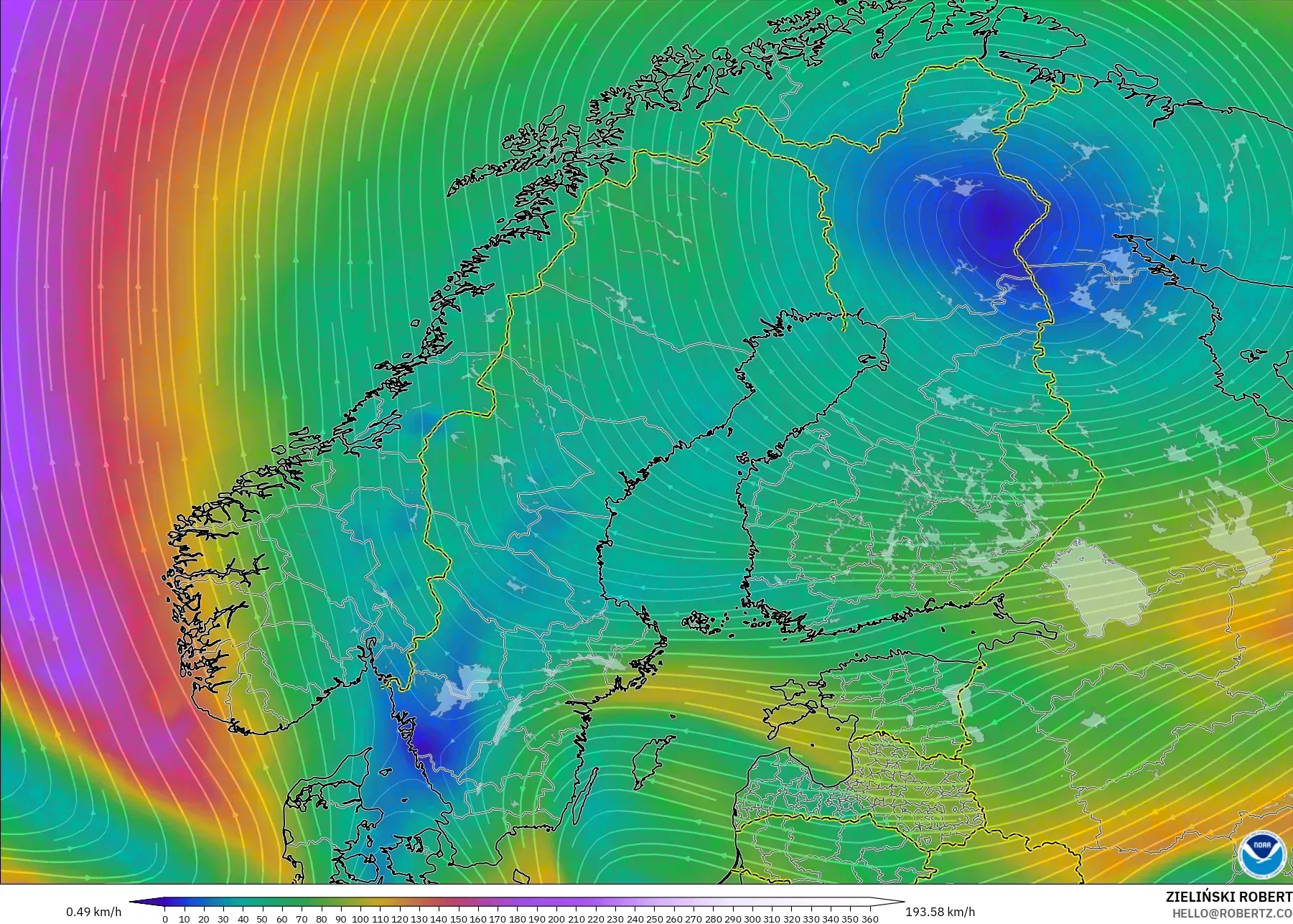 GFS model - Skandinavia, Angin 300 hPa (aliran jet)