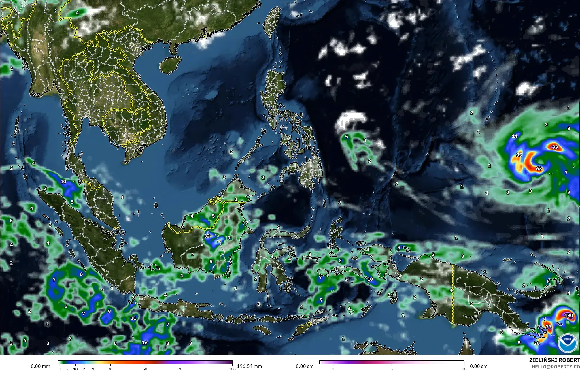 GFS modelo - South East Asia, Precipitation, Clouds, and Pressure