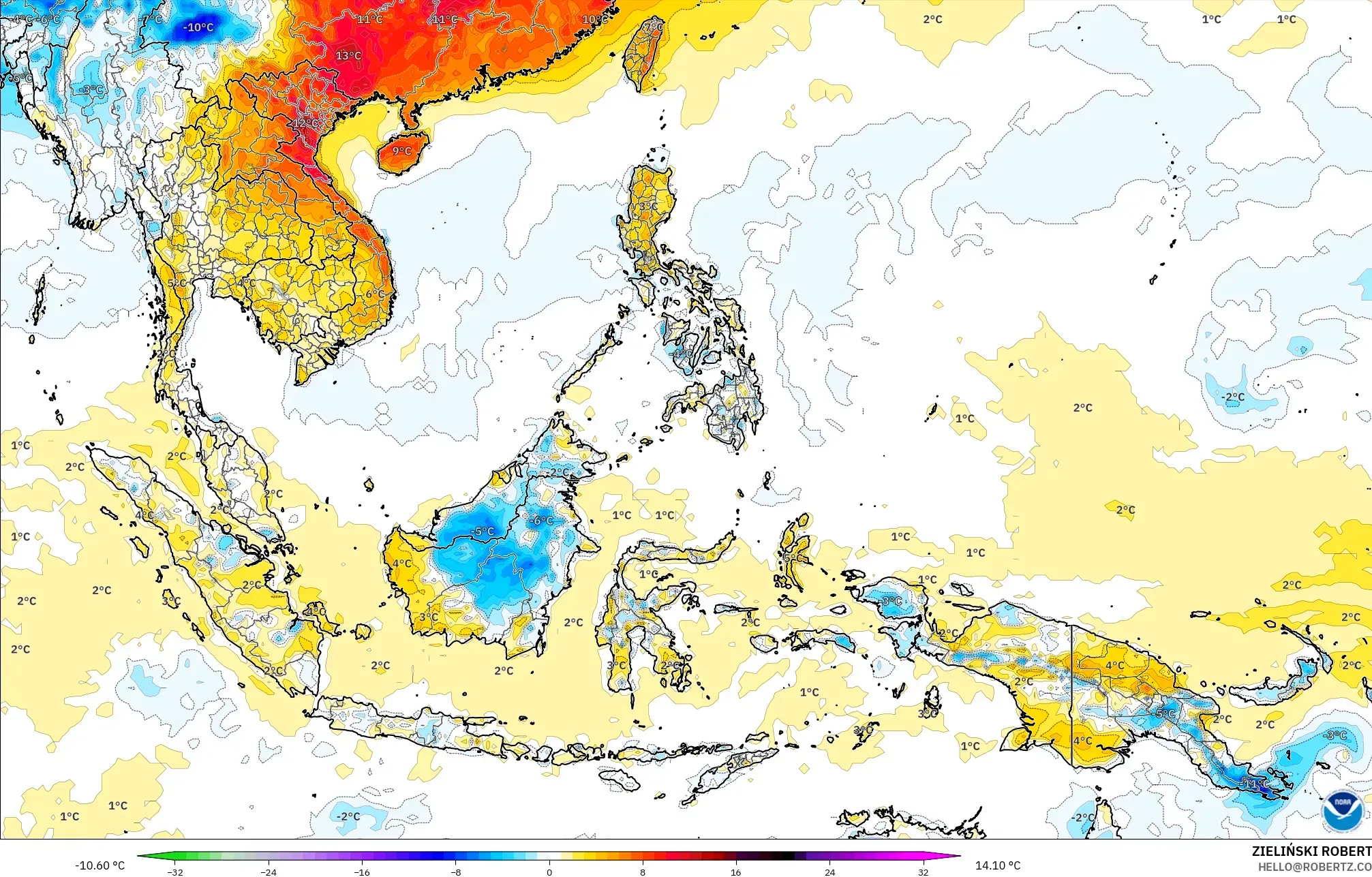 GFS model - Asia Tenggara, Anomali Suhu 2 m