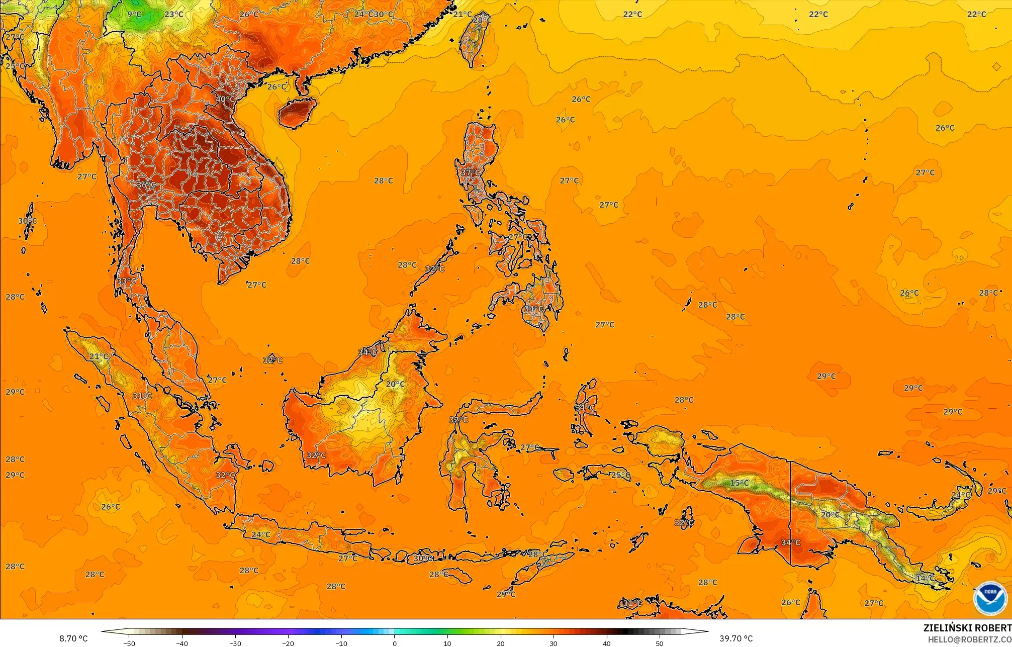 GFS model - Asia Tenggara, Suhu pada 2 m