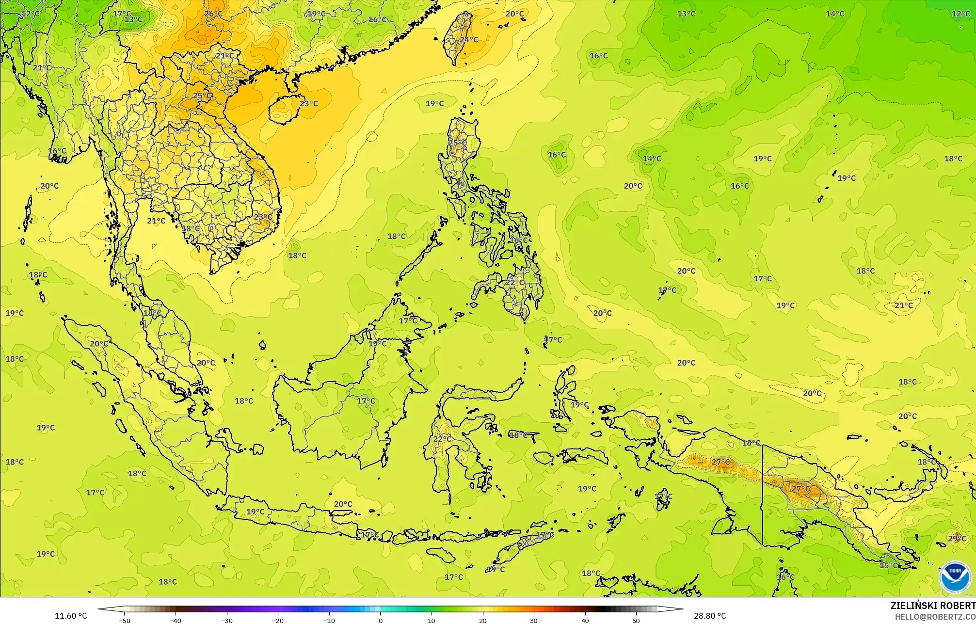 GFS model - Asia Tenggara, Suhu 850 hPa