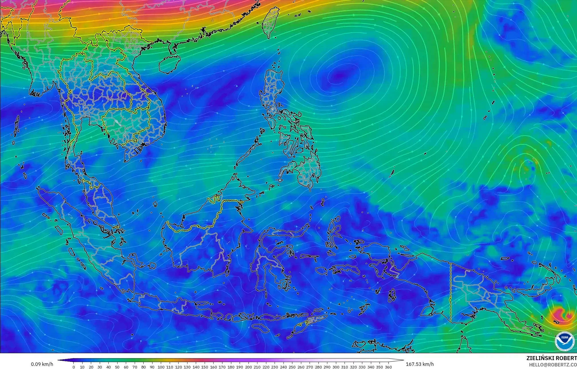 GFS model - Asia Tenggara, Angin 300 hPa (aliran jet)