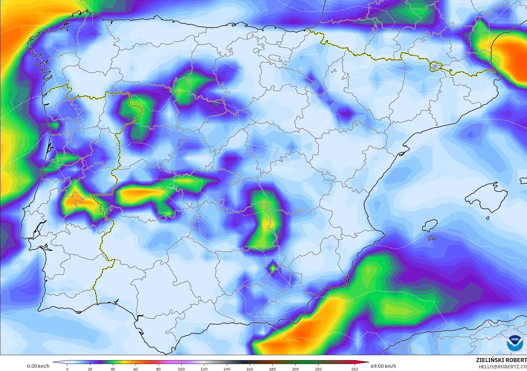 GFS model - Sepanyol, Hembusan Tertinggi