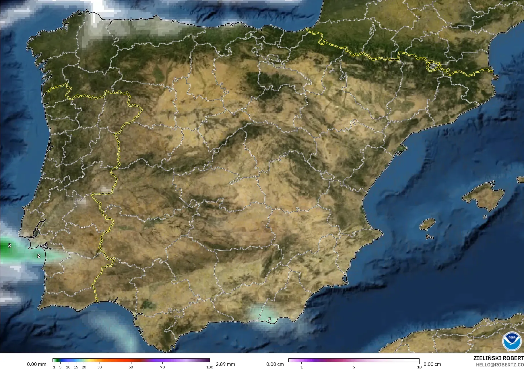 GFS modelo - Spain, Precipitation, Clouds, and Pressure